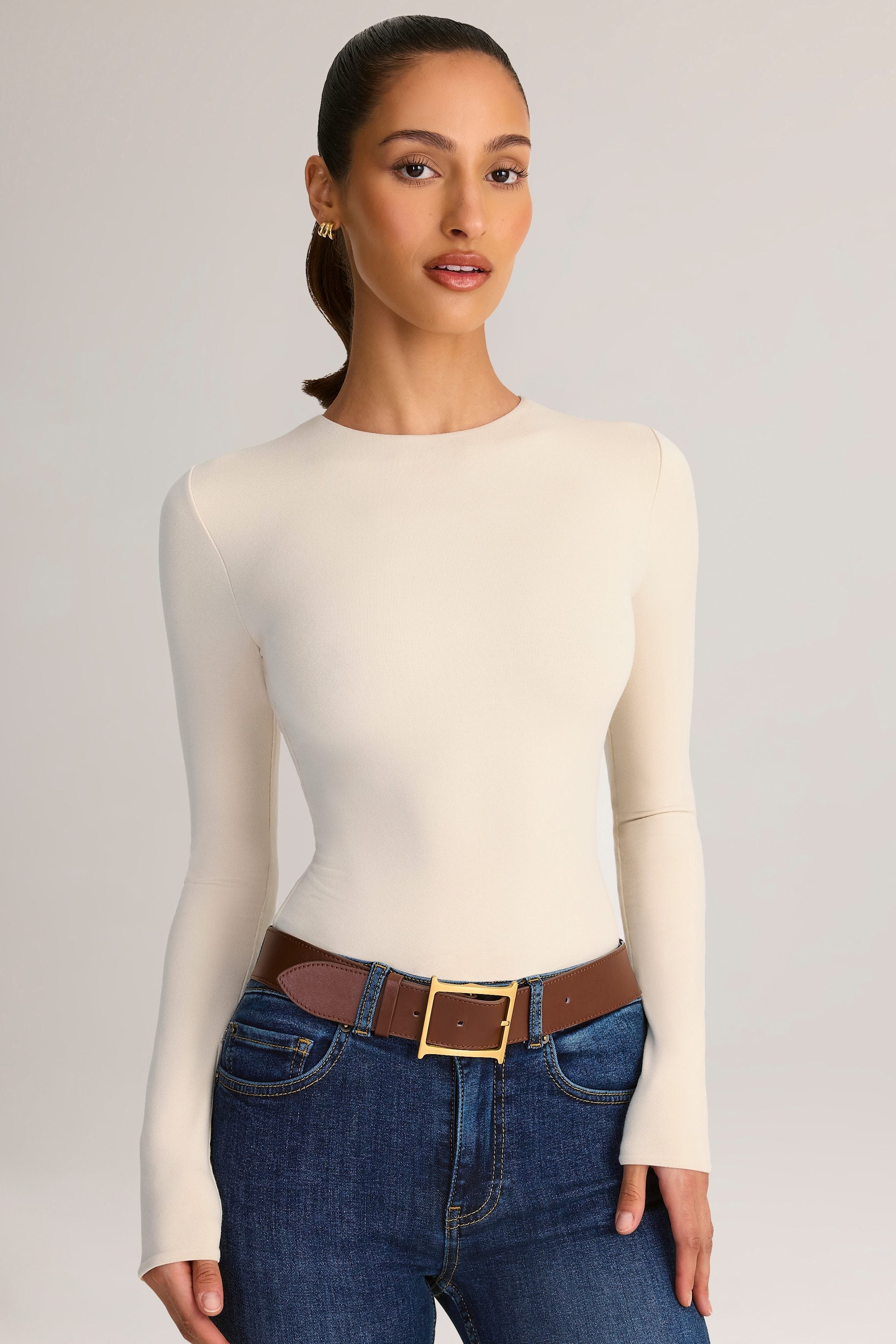 Modal Round-Neck Long-Sleeve Bodysuit in Cream