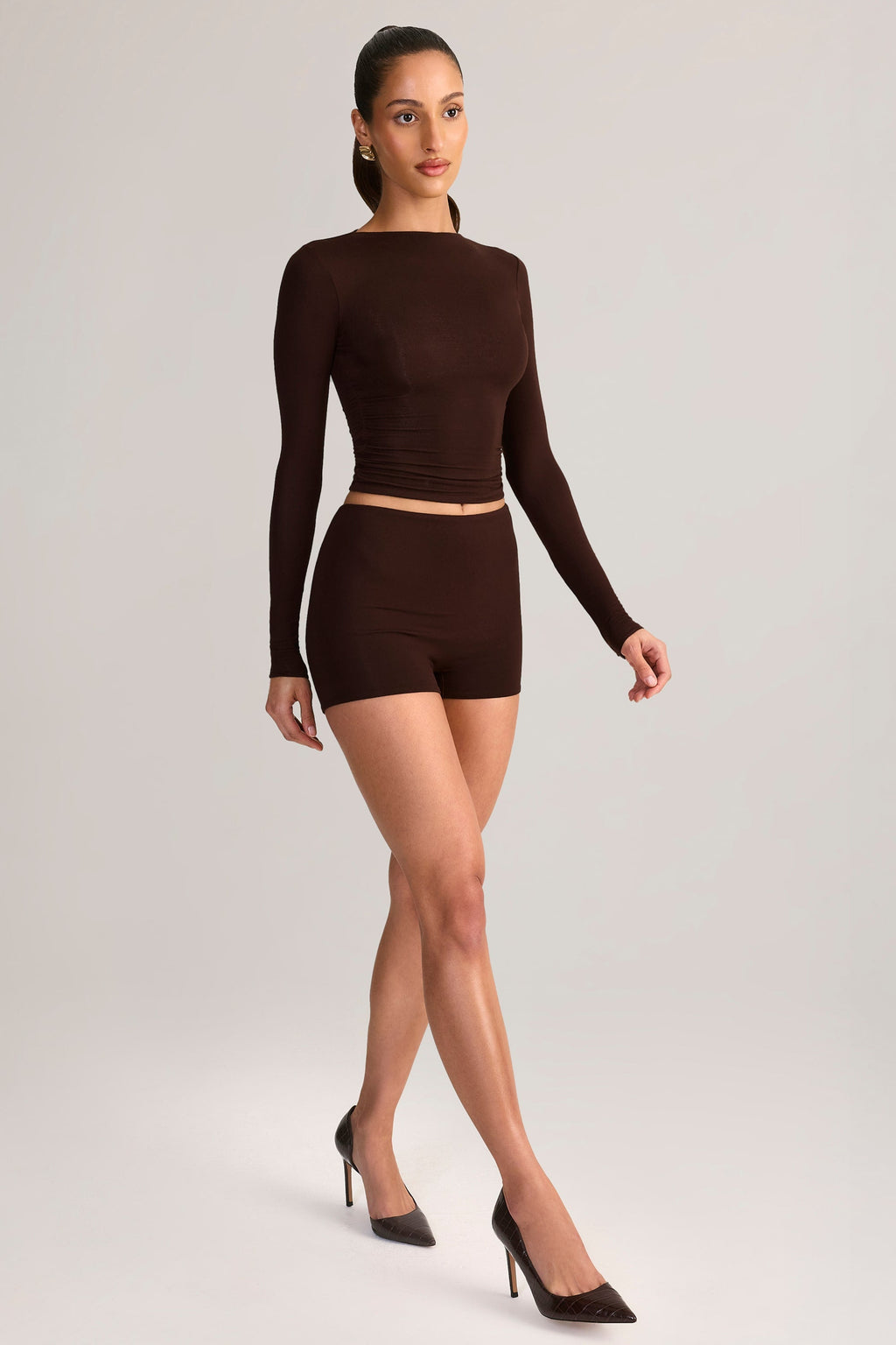 Modal High-Rise Bodycon Mini Shorts in Chocolate Brown