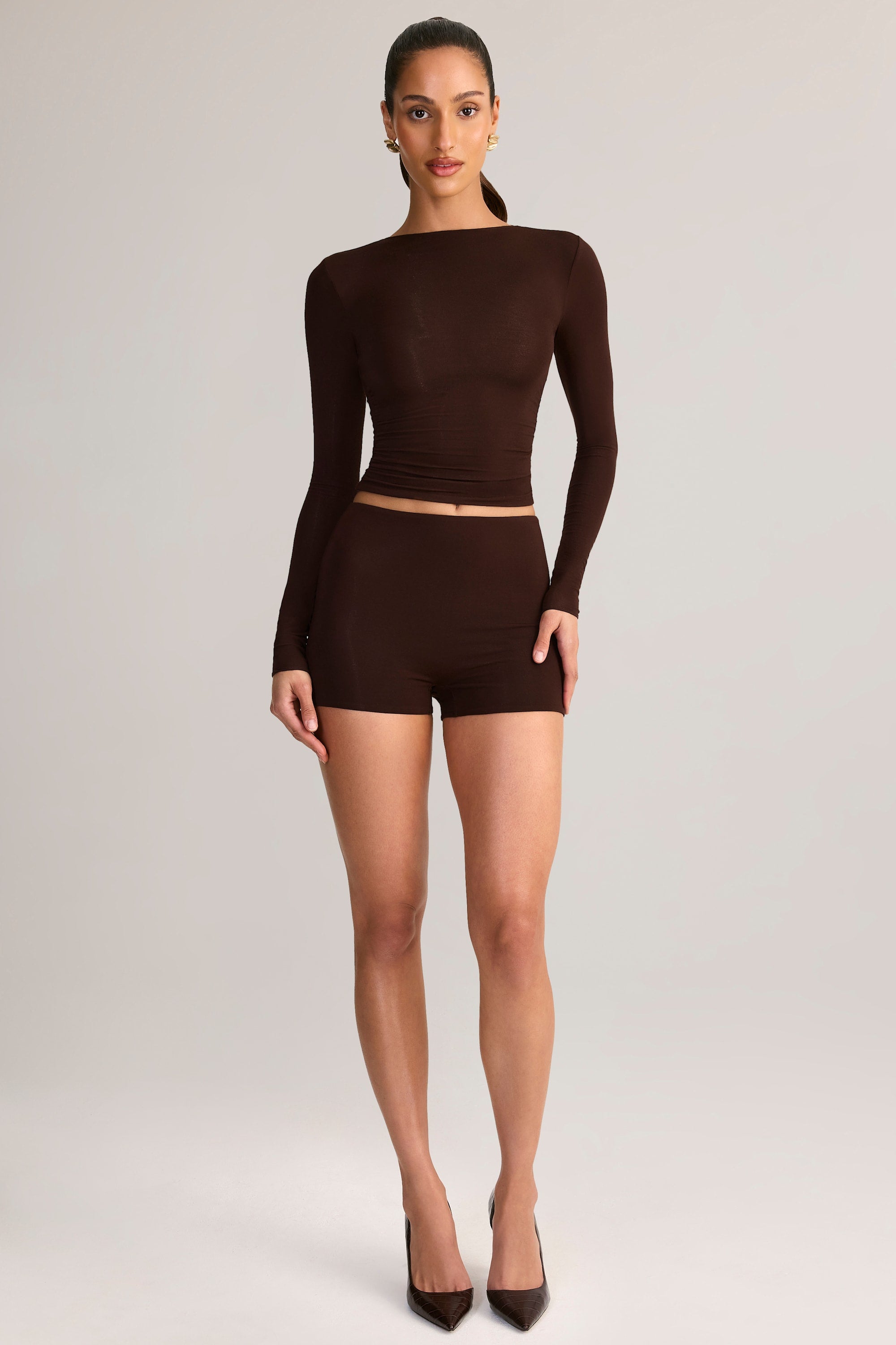 Modal High-Rise Bodycon Mini Shorts in Chocolate Brown