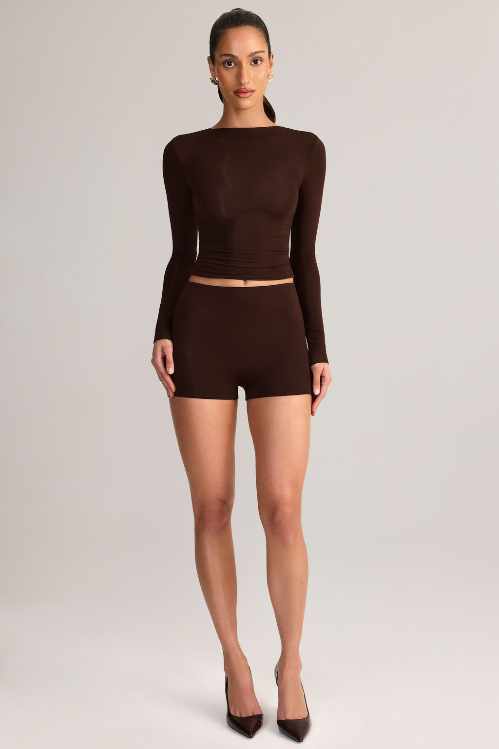 Modal High-Rise Bodycon Mini Shorts in Chocolate Brown