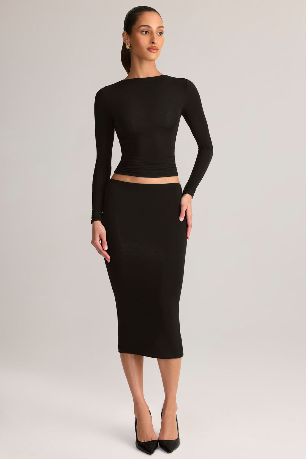 Modal Mid-Rise Pencil Midi Skirt in Black