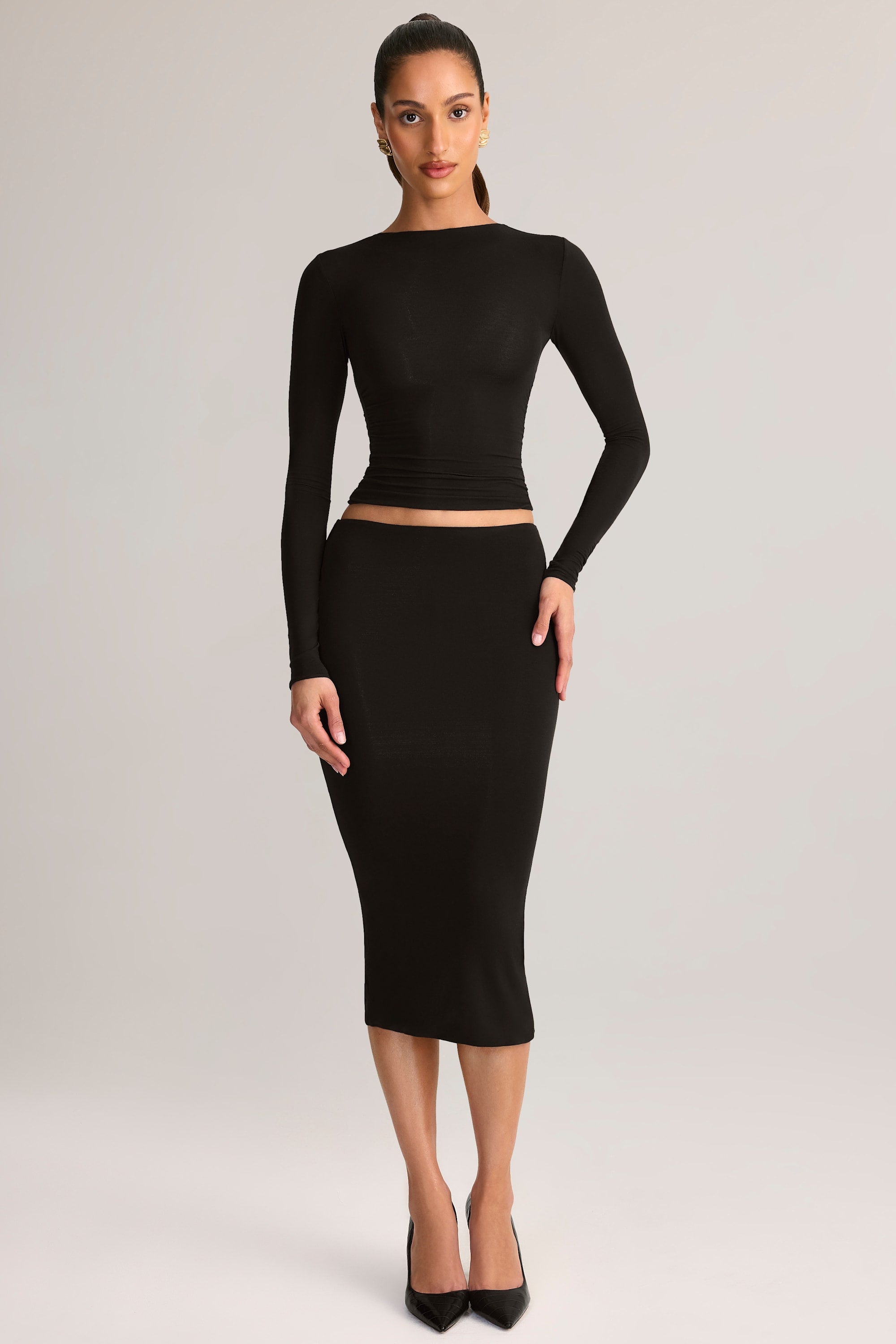Modal Mid-Rise Pencil Midi Skirt in Black