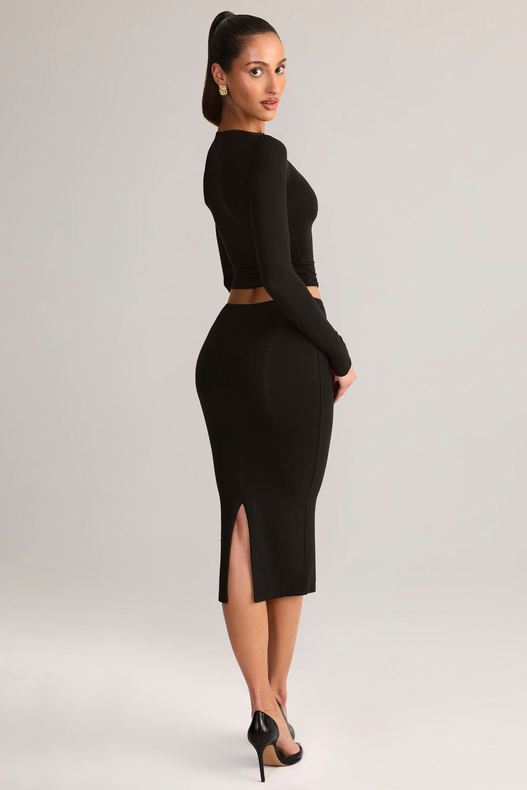 Modal Mid-Rise Pencil Midi Skirt in Black