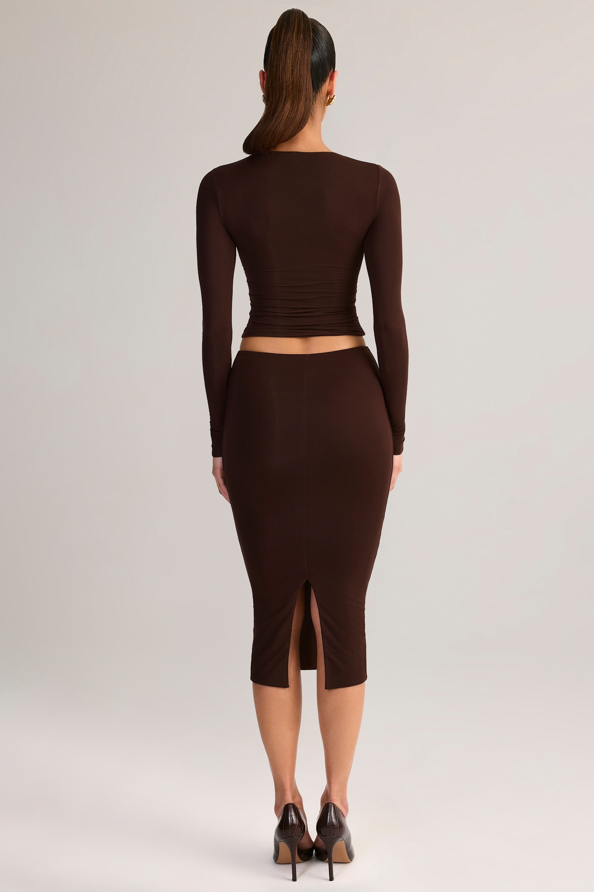 Modal Mid-Rise Pencil Midi Skirt in Chocolate Brown