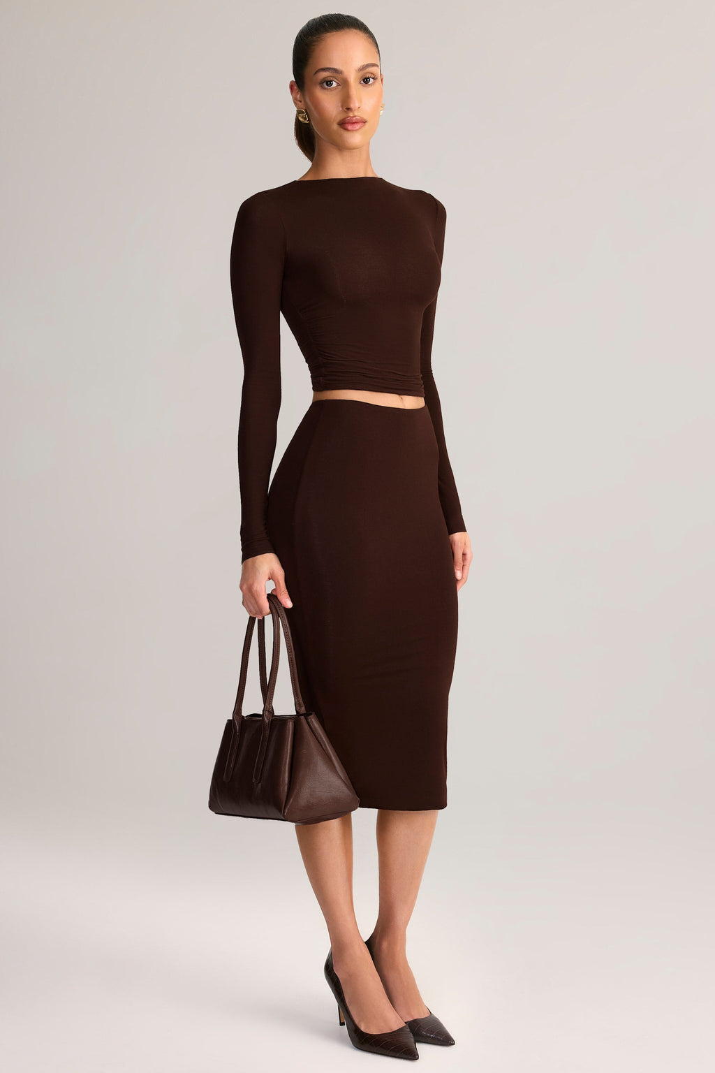 Modal Mid-Rise Pencil Midi Skirt in Chocolate Brown
