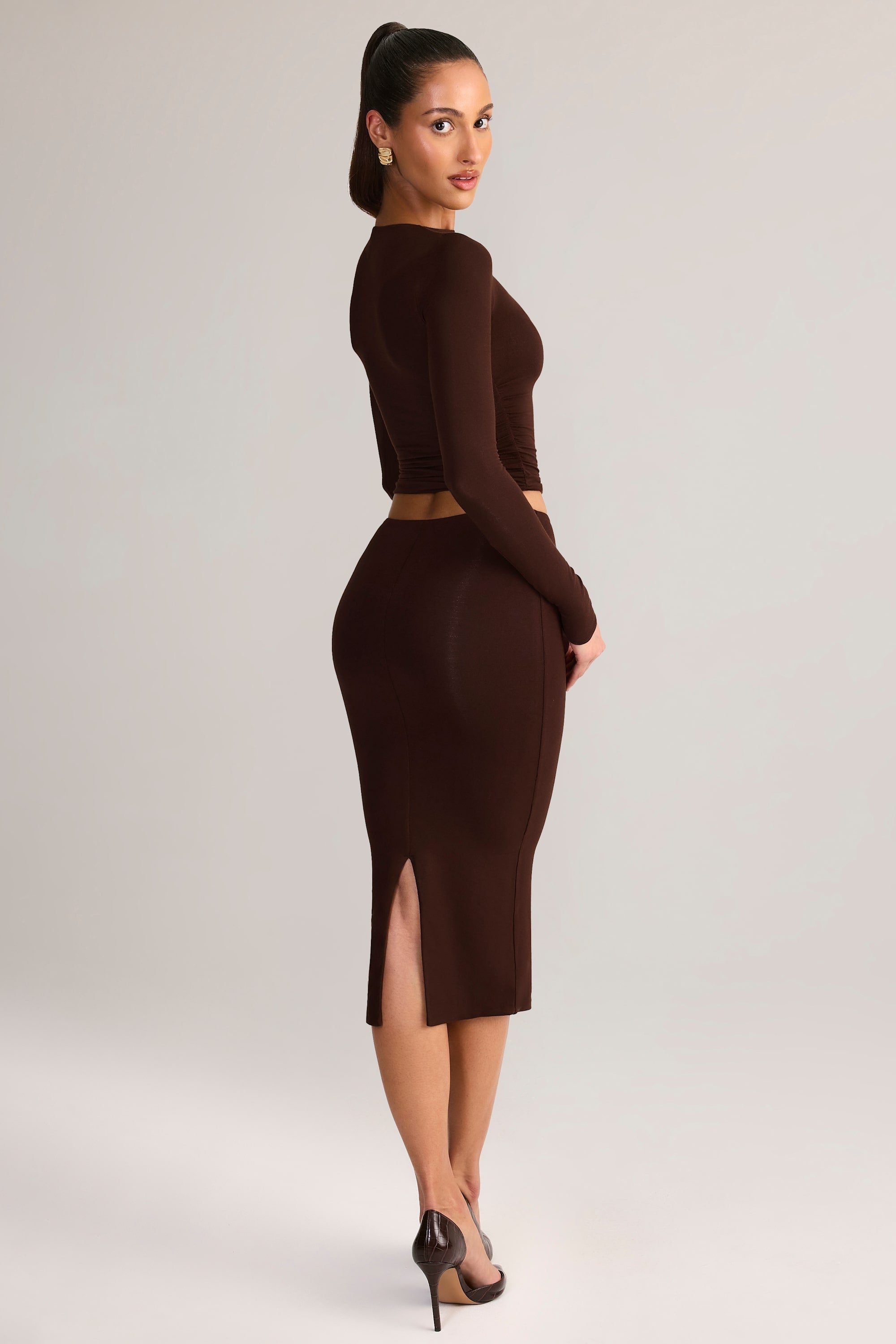 Modal Mid-Rise Pencil Midi Skirt in Chocolate Brown