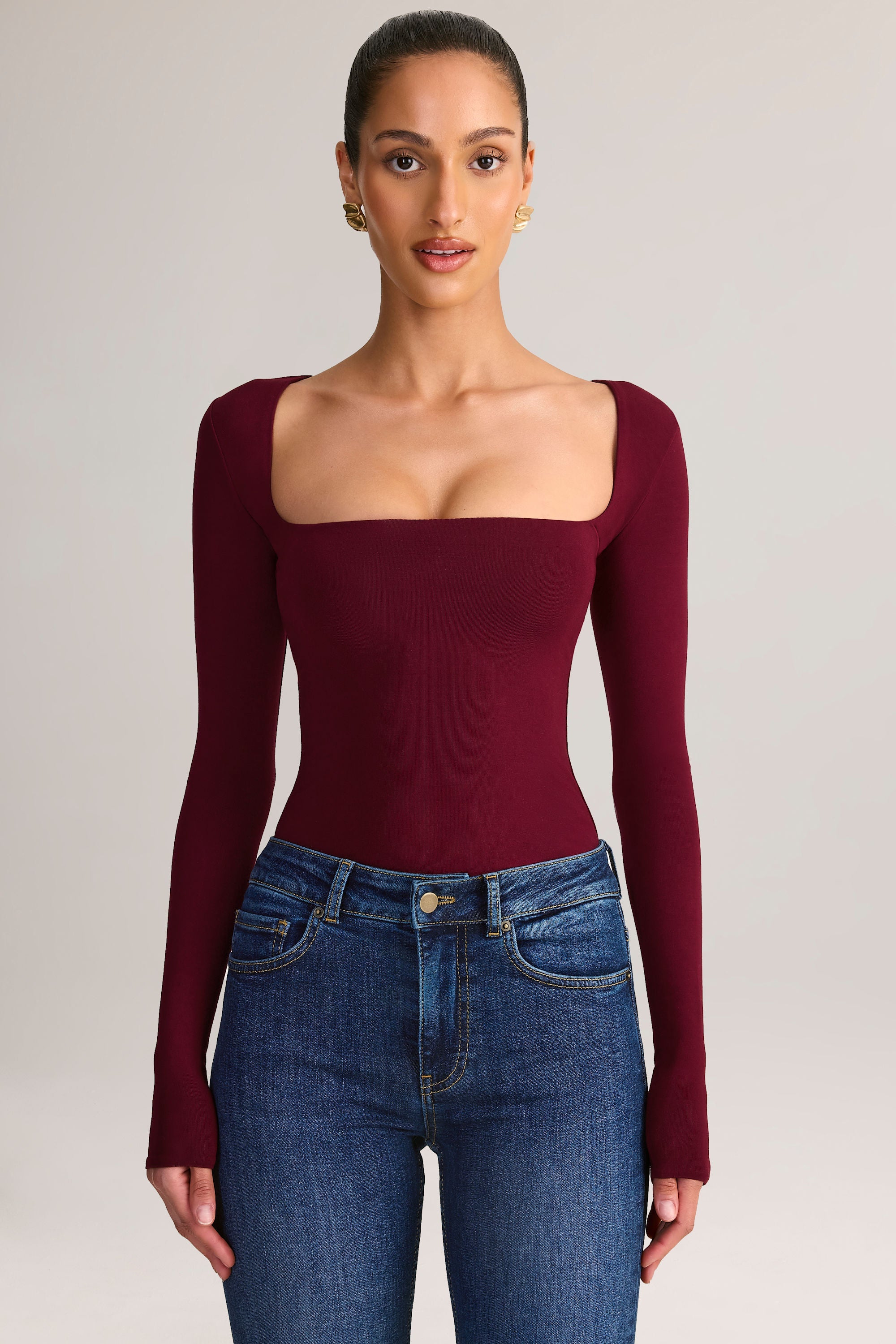 Modal Square-Neck Long-Sleeve Top in Wine