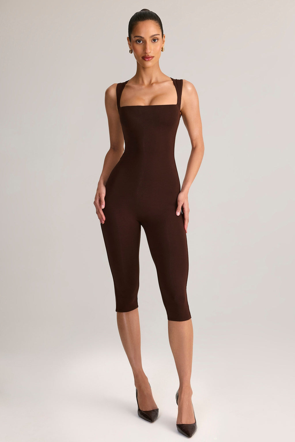 Modal Square-Neck Bodycon Capri Jumpsuit in Chocolate Brown