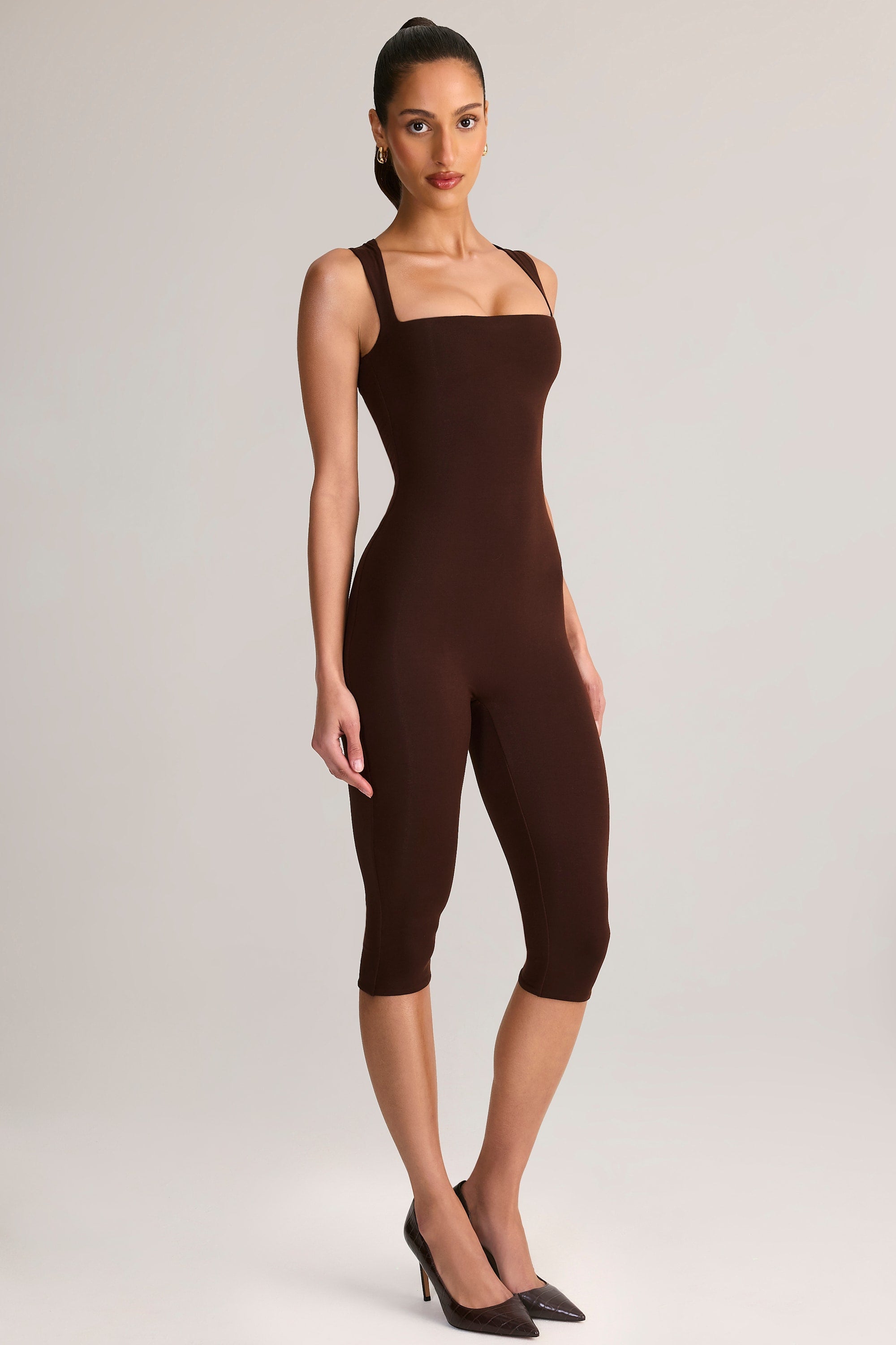 Modal Square-Neck Bodycon Capri Jumpsuit in Chocolate Brown
