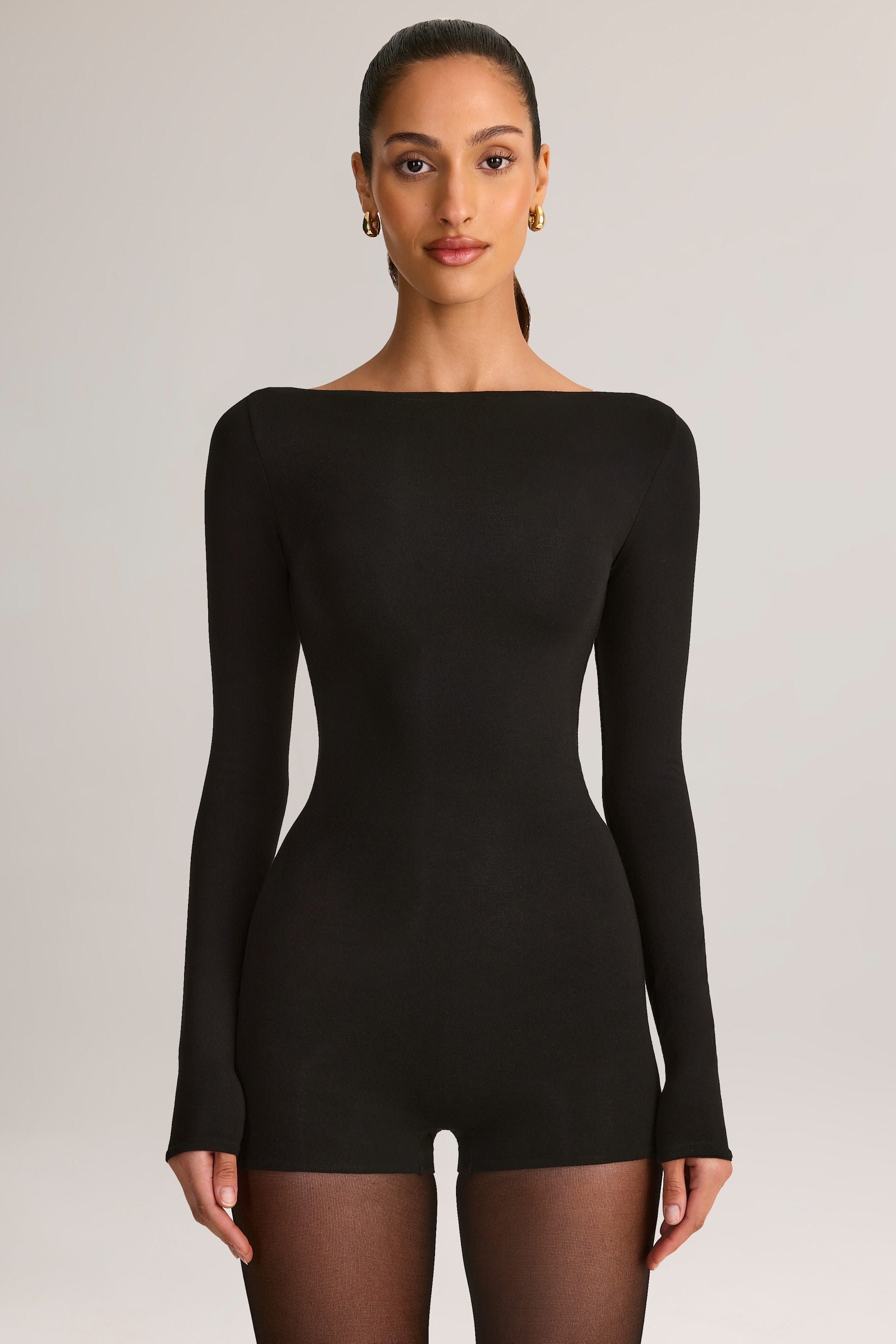 Modal Boat-Neck Long-Sleeve Mini Playsuit in Black