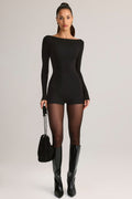 Modal Boat-Neck Long-Sleeve Mini Playsuit in Black