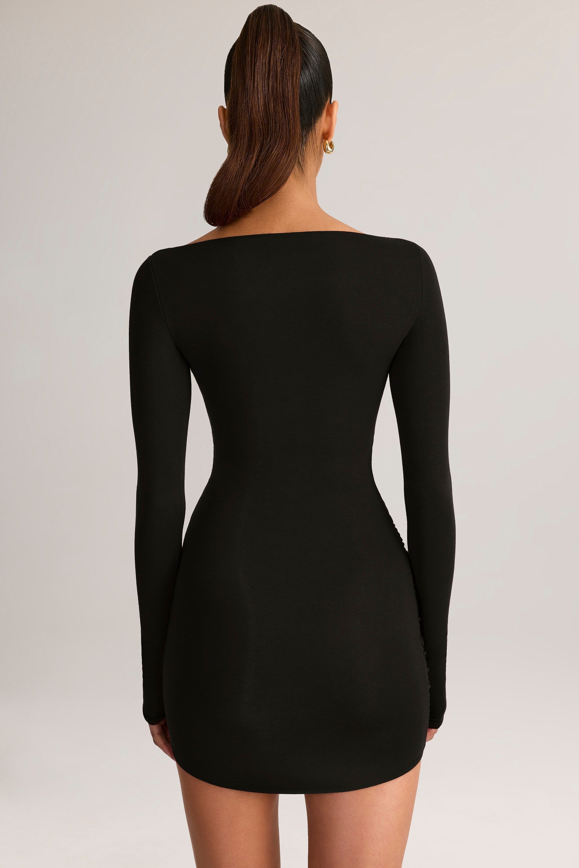 Modal Boat-Neck Draped Long-Sleeve Mini Dress in Black