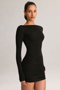 Modal Boat-Neck Draped Long-Sleeve Mini Dress in Black
