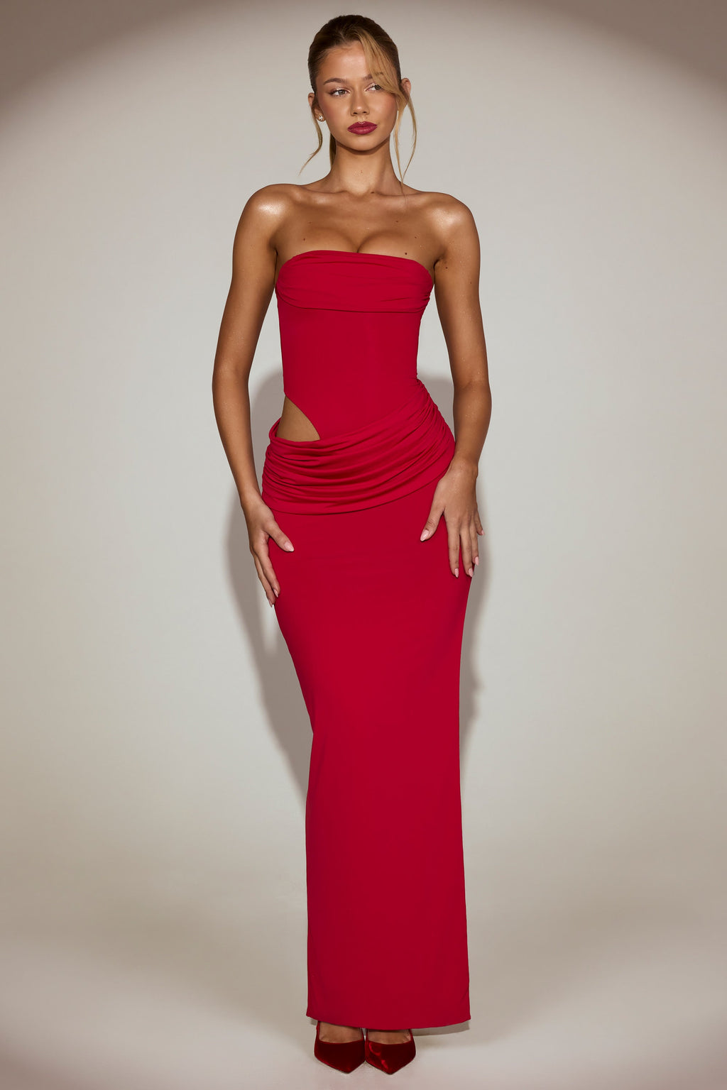 Soft-Jersey Bandeau Cut-Out Maxi Dress in True Red