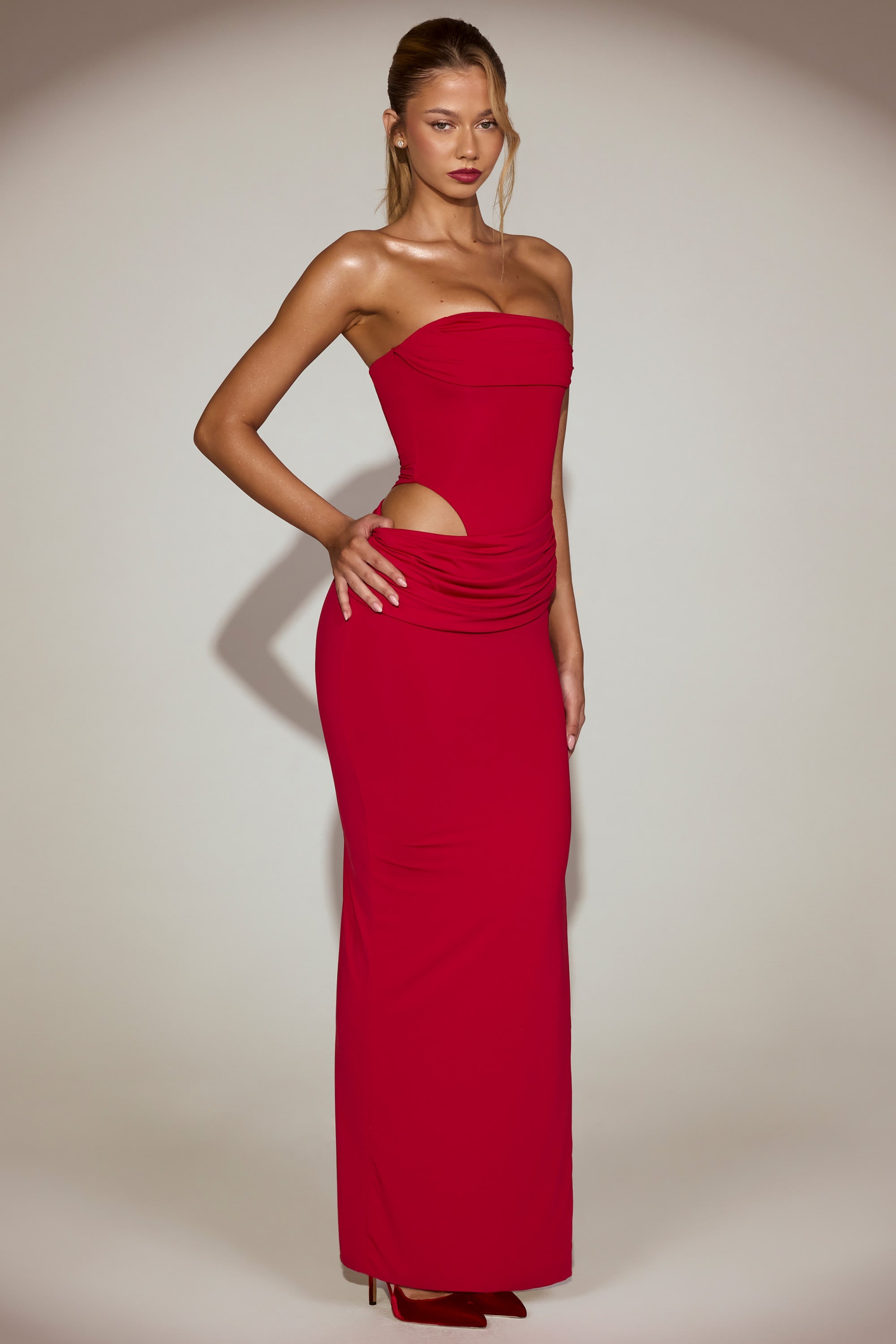 Soft-Jersey Bandeau Cut-Out Maxi Dress in True Red