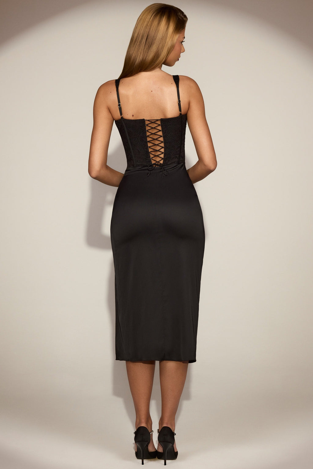 Lace Soft-Scoop Corset Satin Midaxi Dress in Black