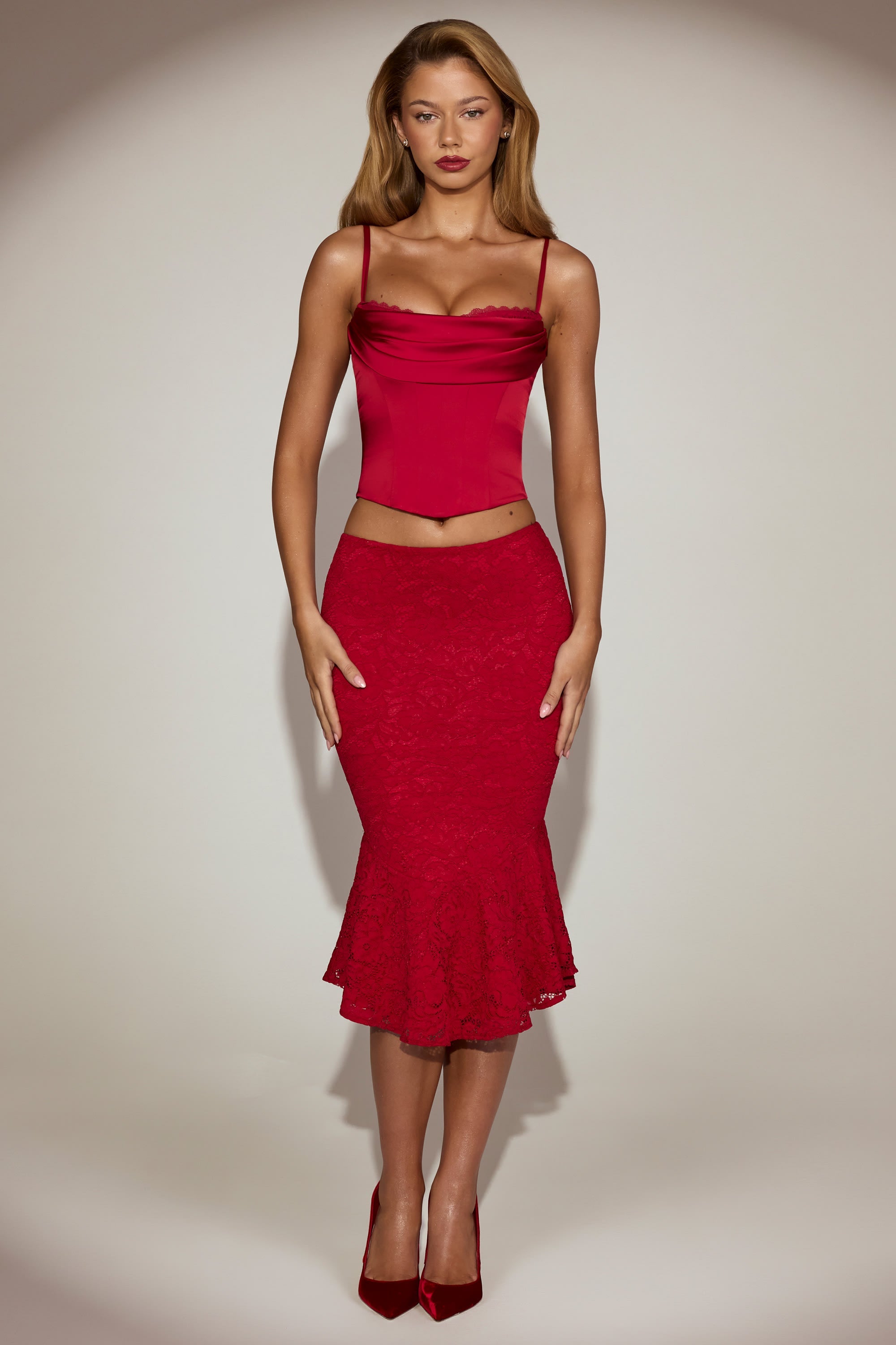 Satin Cowl-Neck Lace-Up Corset Top in True Red