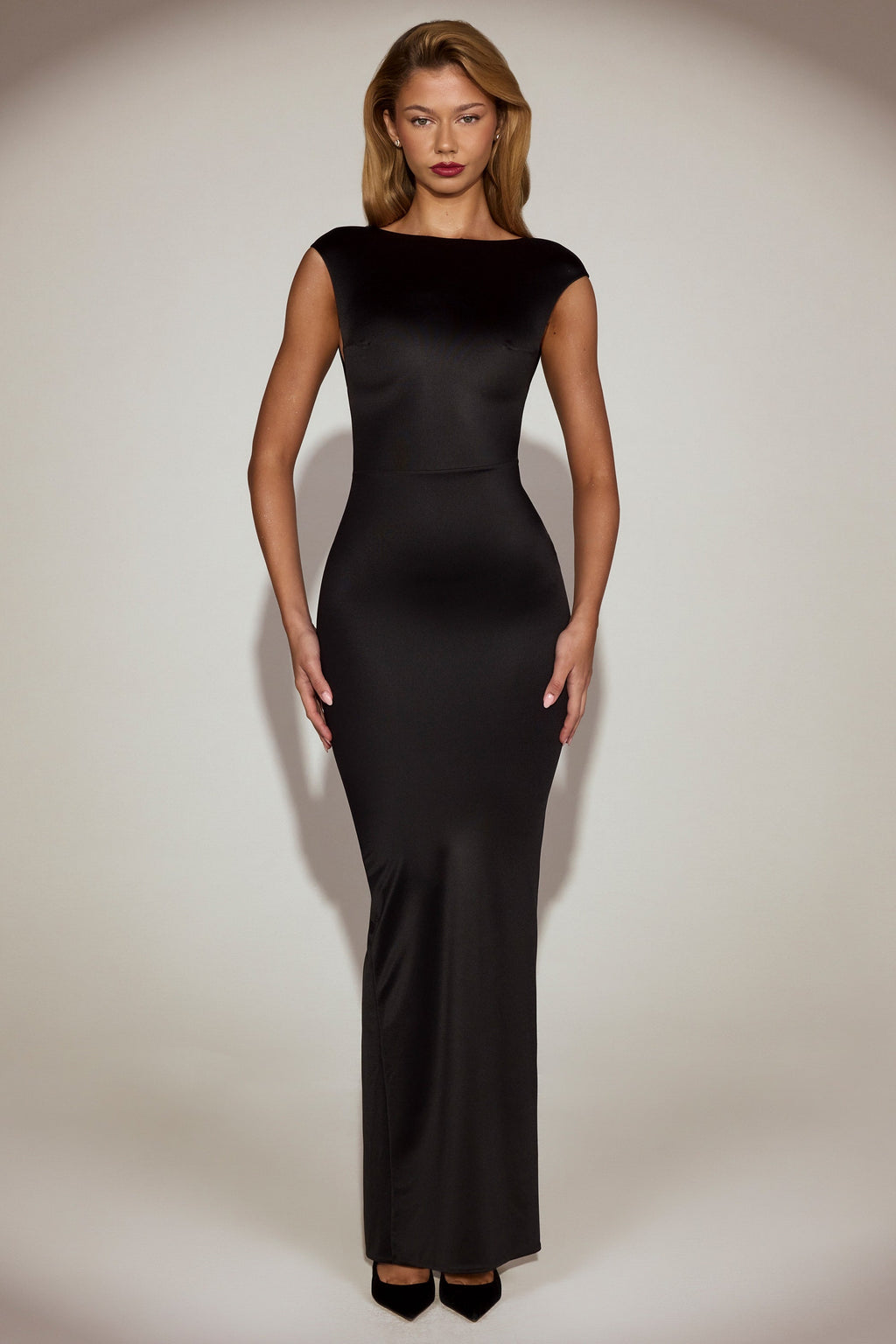 Satin Boat-Neck Twist-Back Maxi Dress in Black