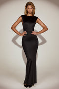Satin Boat-Neck Twist-Back Maxi Dress in Black