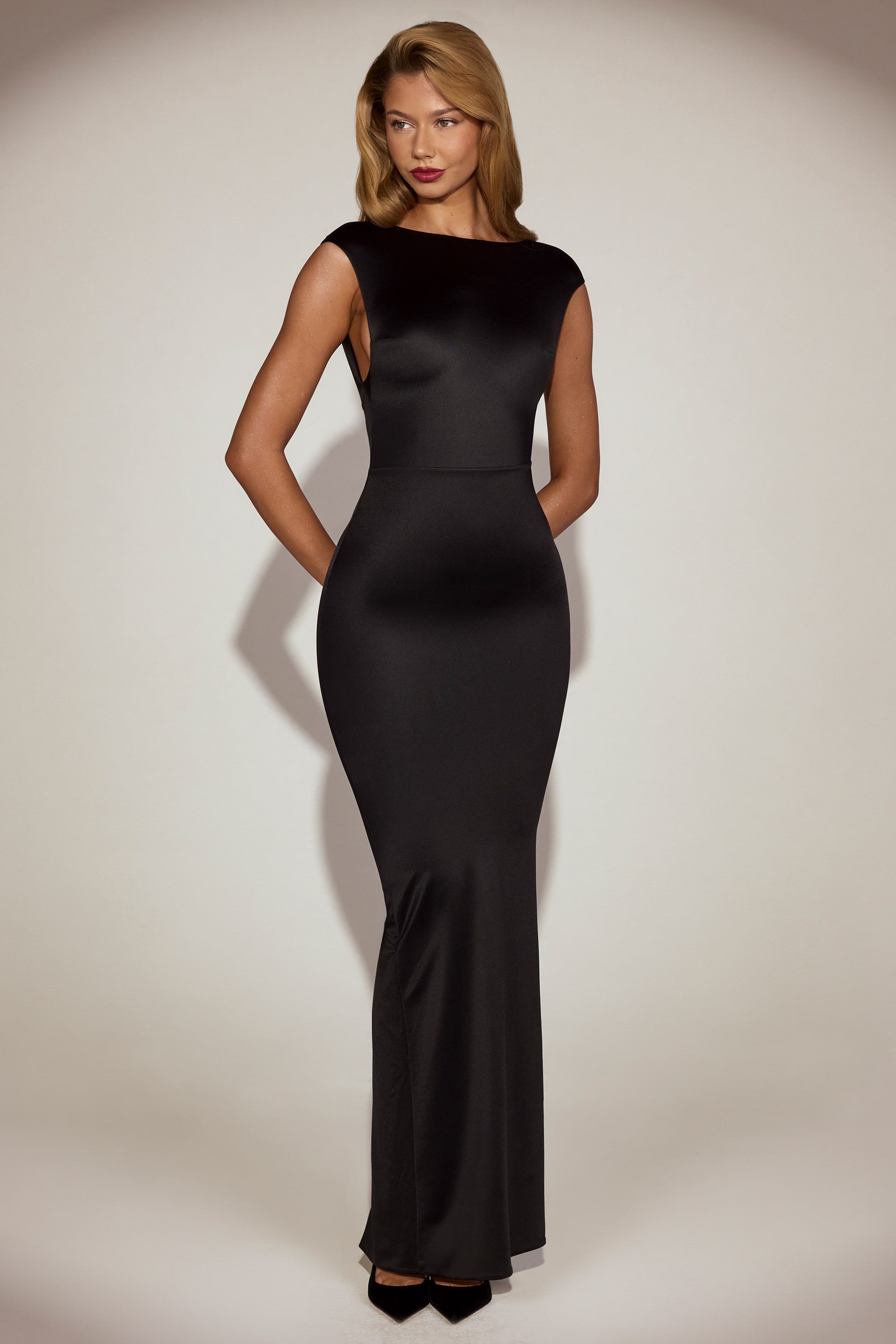 Satin Boat-Neck Twist-Back Maxi Dress in Black
