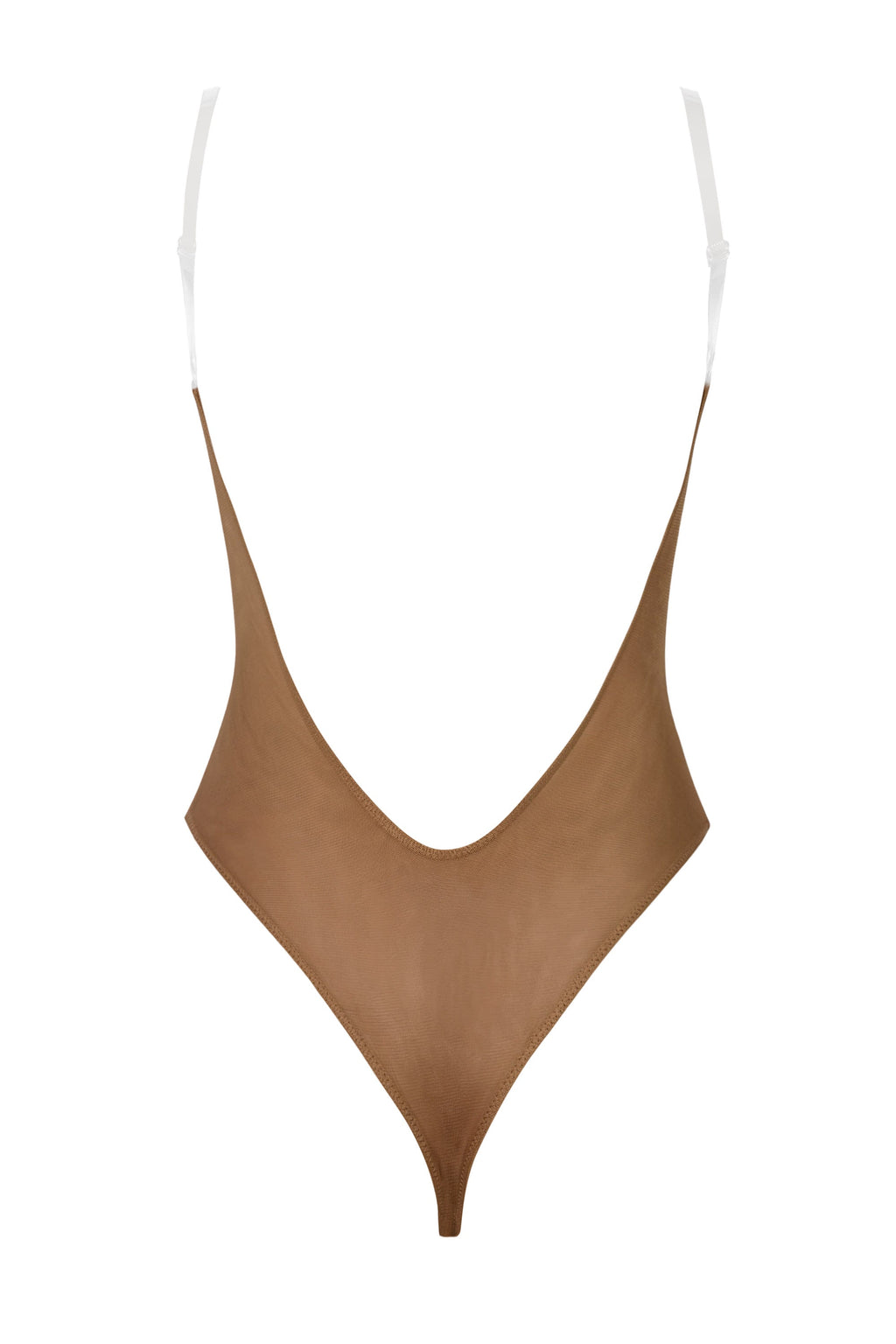 Soft Mesh Invisible Strap Thong Bodysuit in Almond