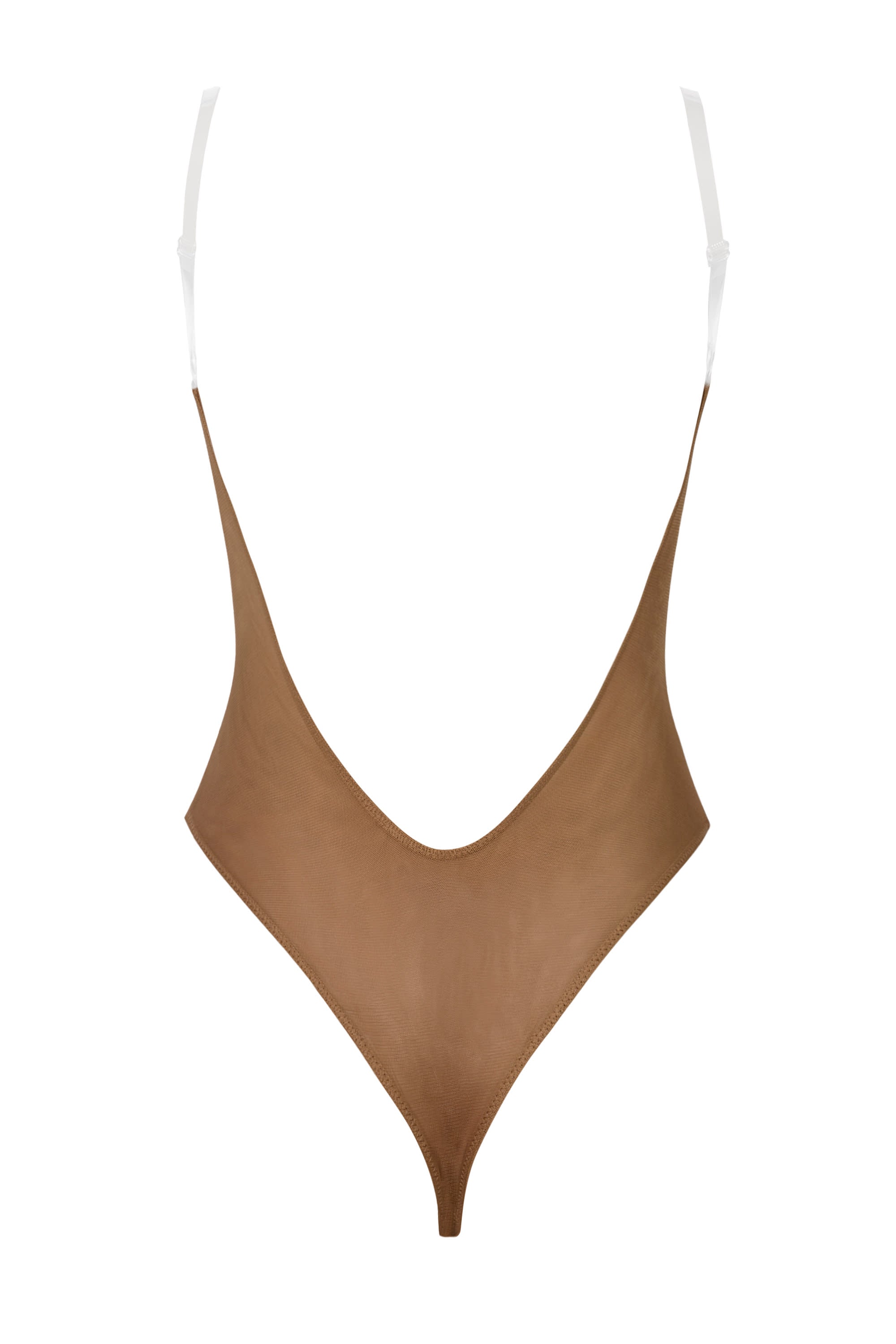 Soft Mesh Invisible Strap Thong Bodysuit in Almond