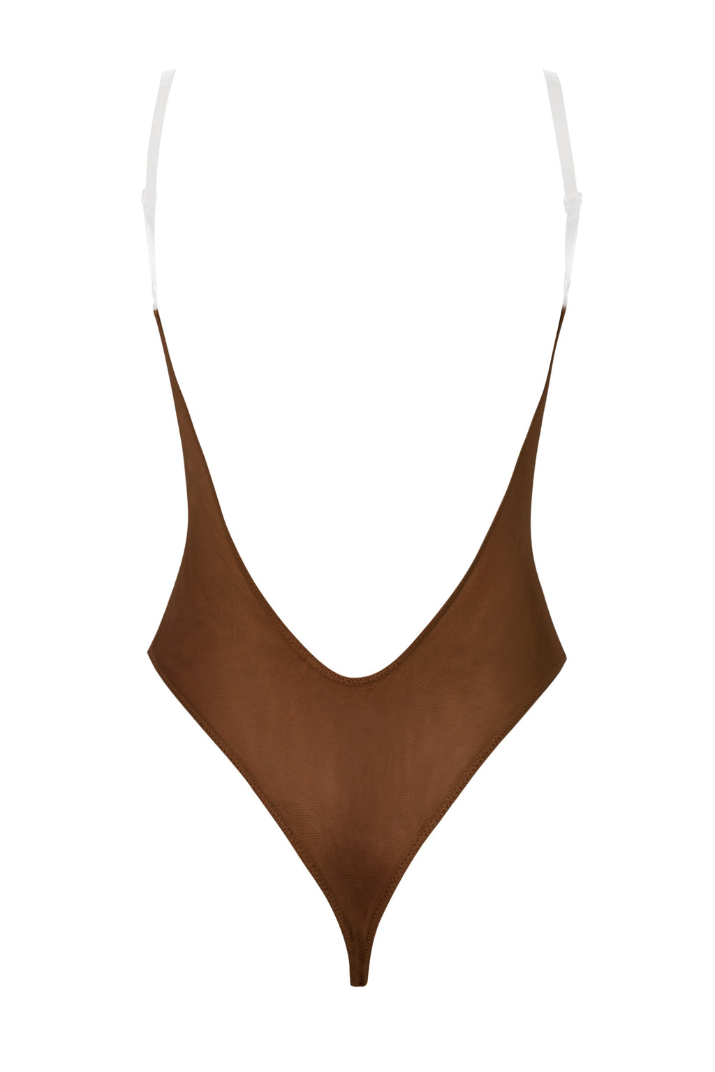 Soft Mesh Invisible Strap Thong Bodysuit in Chestnut