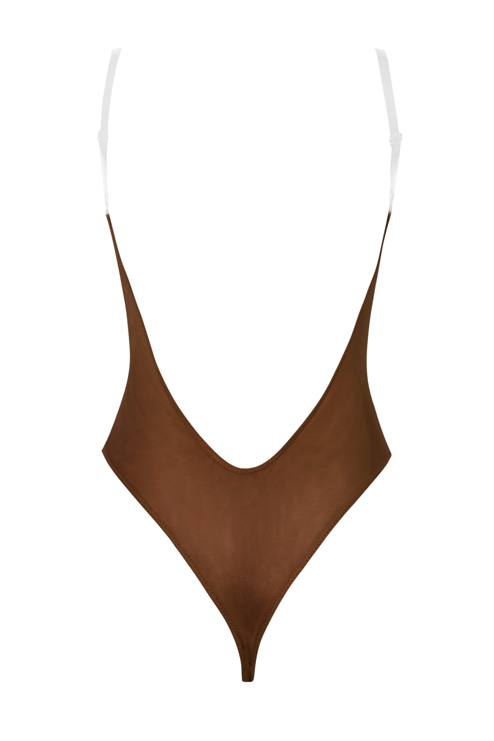 Soft Mesh Invisible Strap Thong Bodysuit in Chestnut