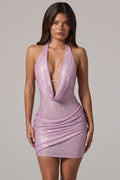 Embellished Cowl-Neck Low-Back Mini Dress in Pink