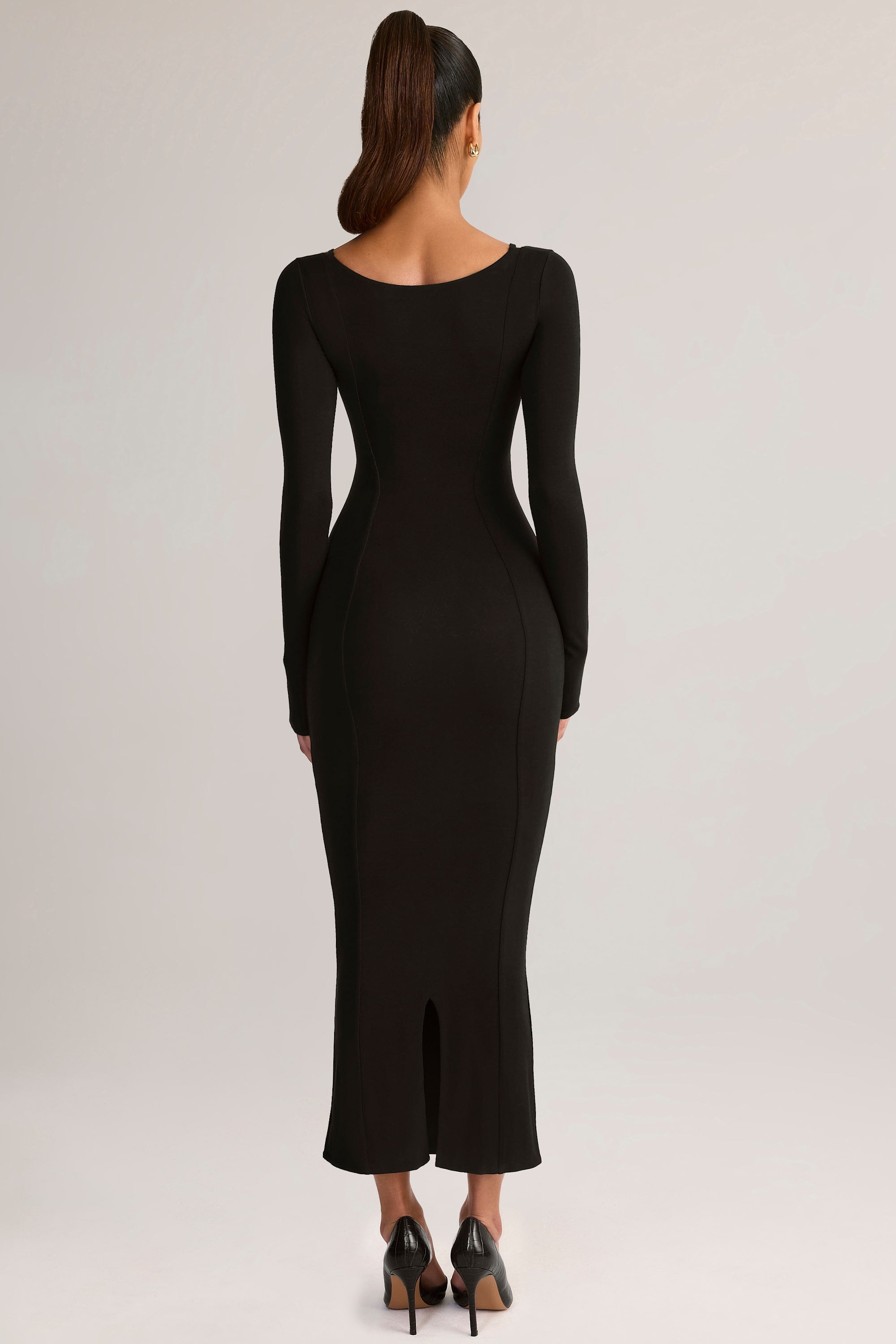 Modal Peekaboo Long-Sleeve Midi Dress in Black