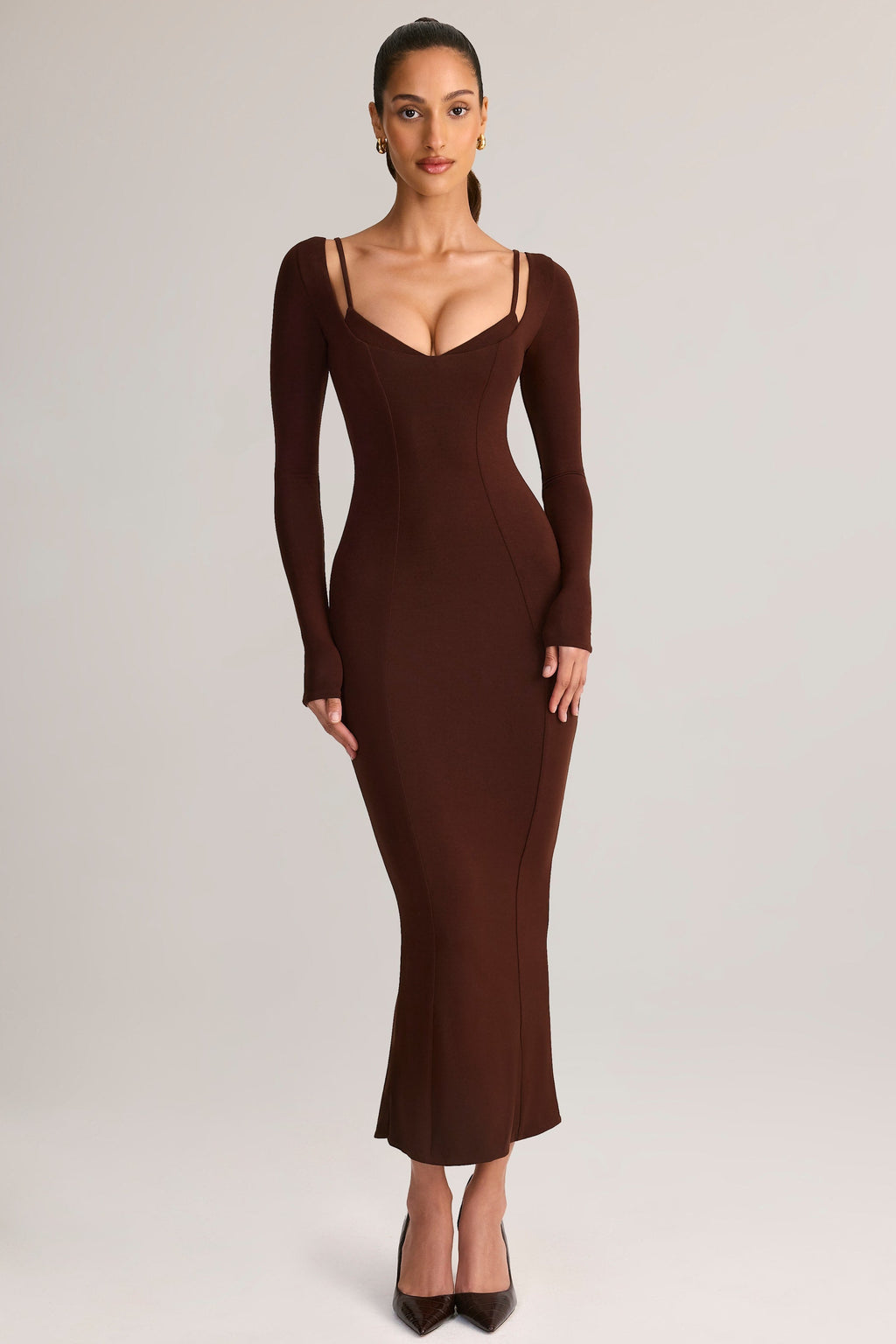 Modal Peekaboo Long-Sleeve Midi Dress in Chocolate Brown