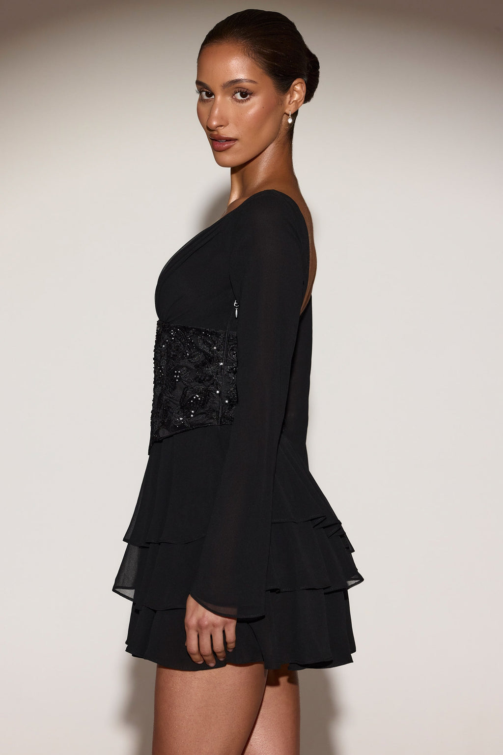 Chiffon Embellished Corset A-line Mini Dress in Black