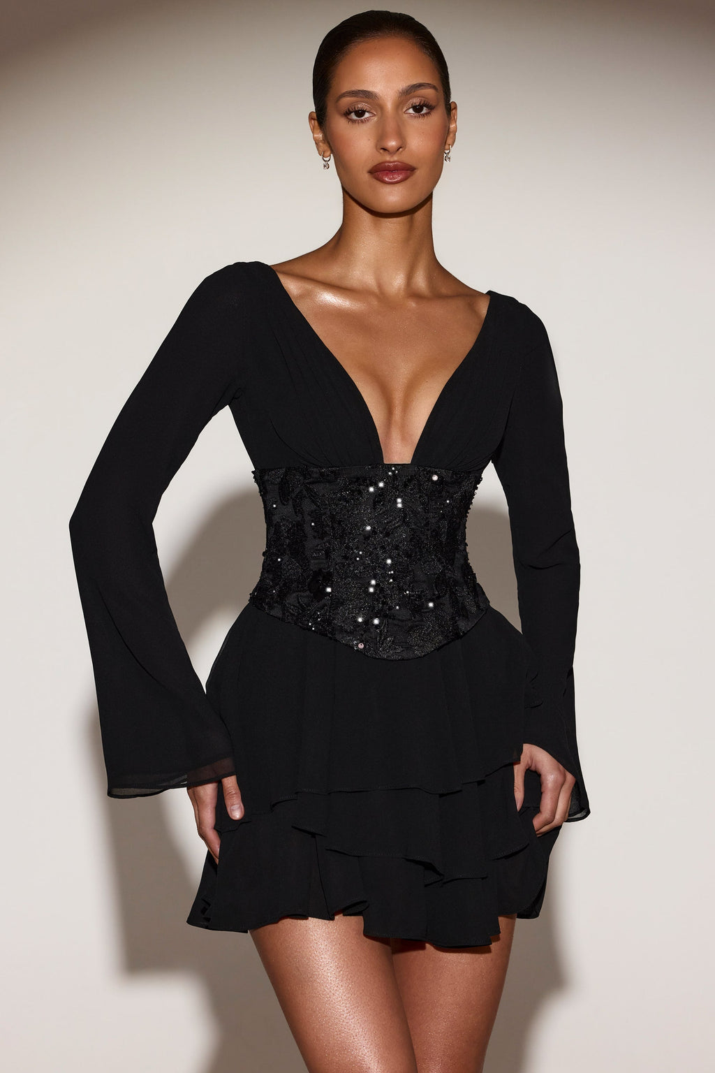Chiffon Embellished Corset A-line Mini Dress in Black