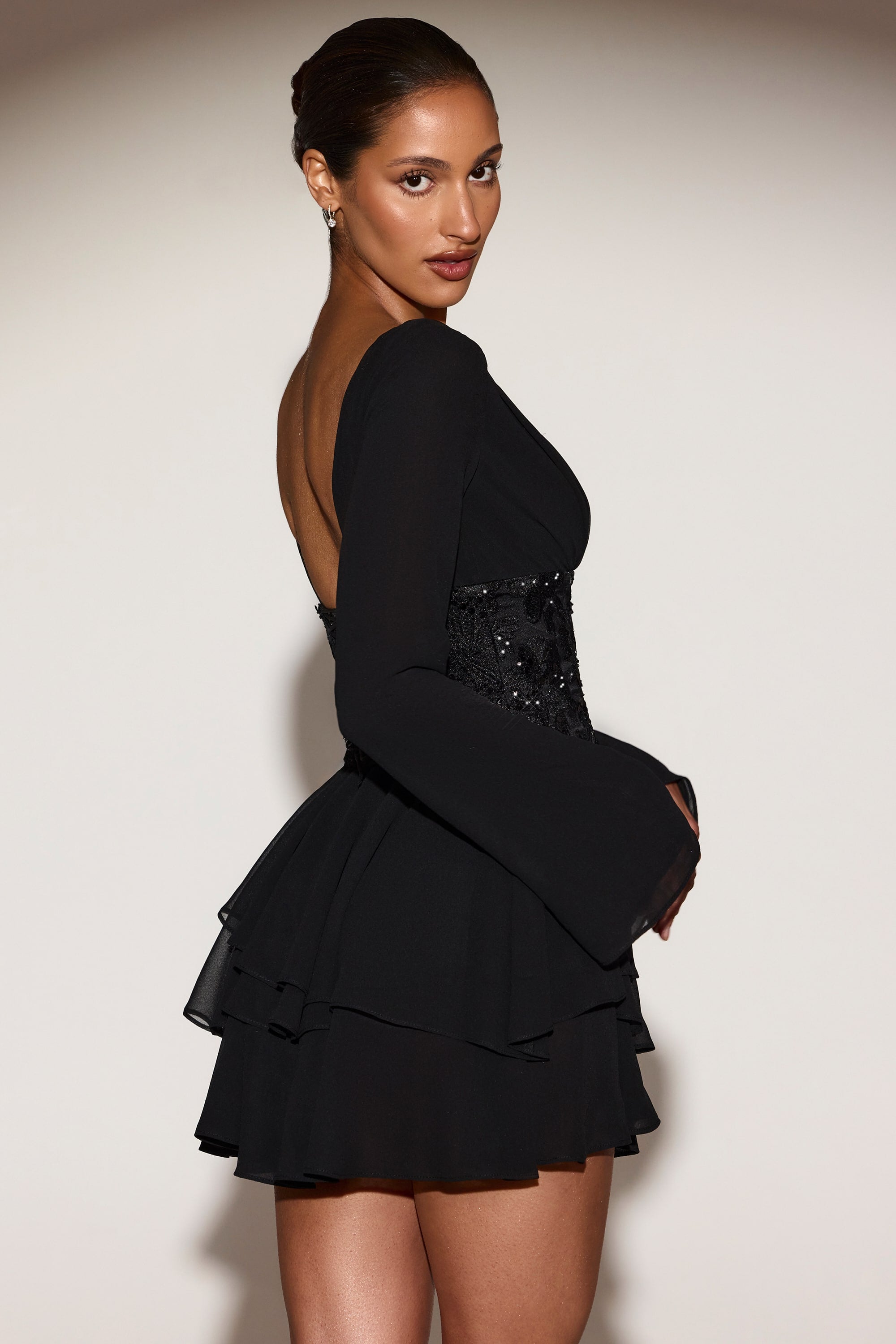 Chiffon Embellished Corset A-line Mini Dress in Black