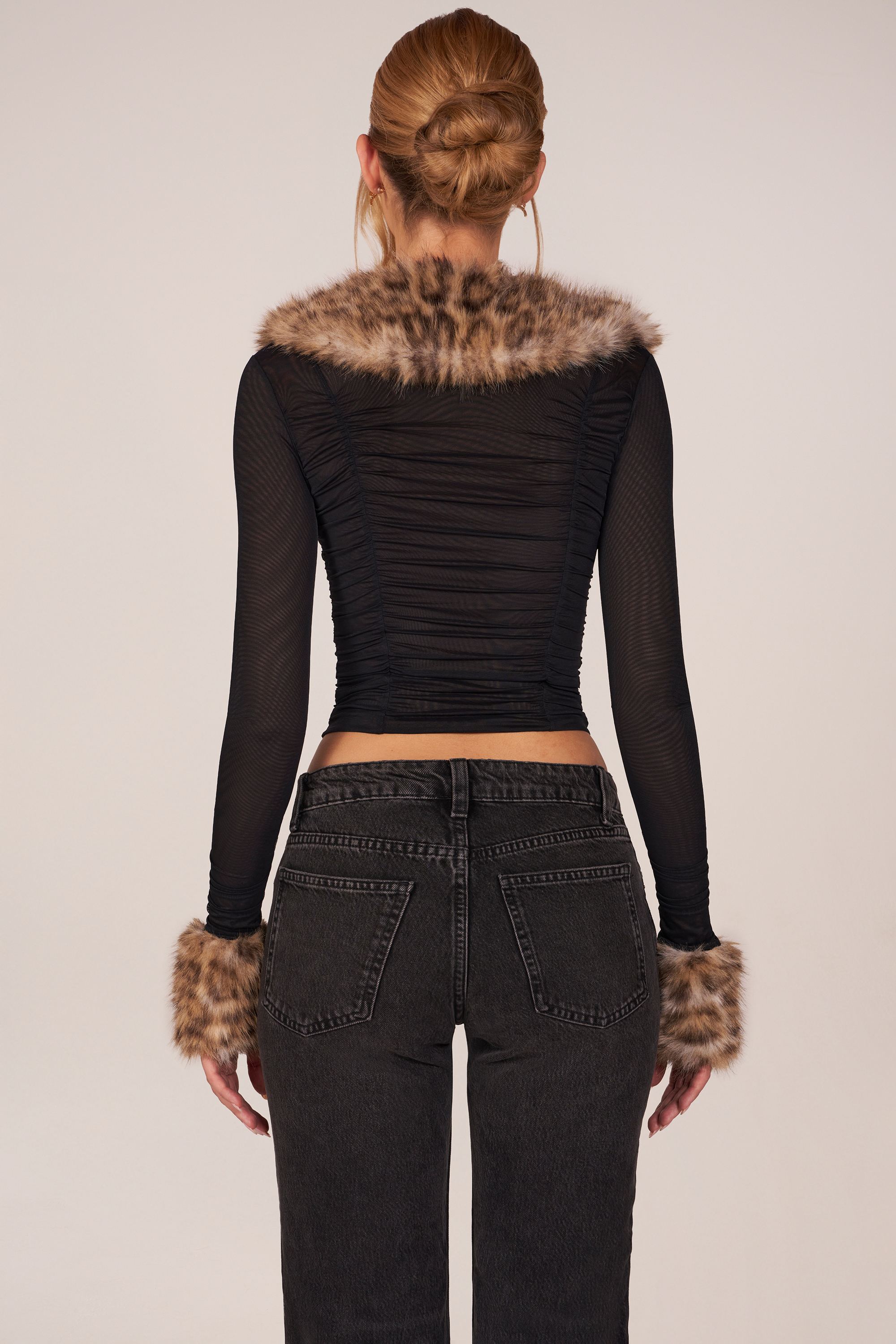 Faux Fur-Trim Sheer Mesh Cardigan in Black