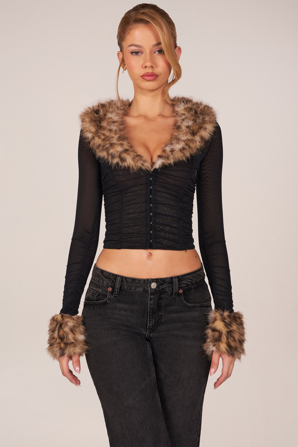 Faux Fur-Trim Sheer Mesh Cardigan in Black