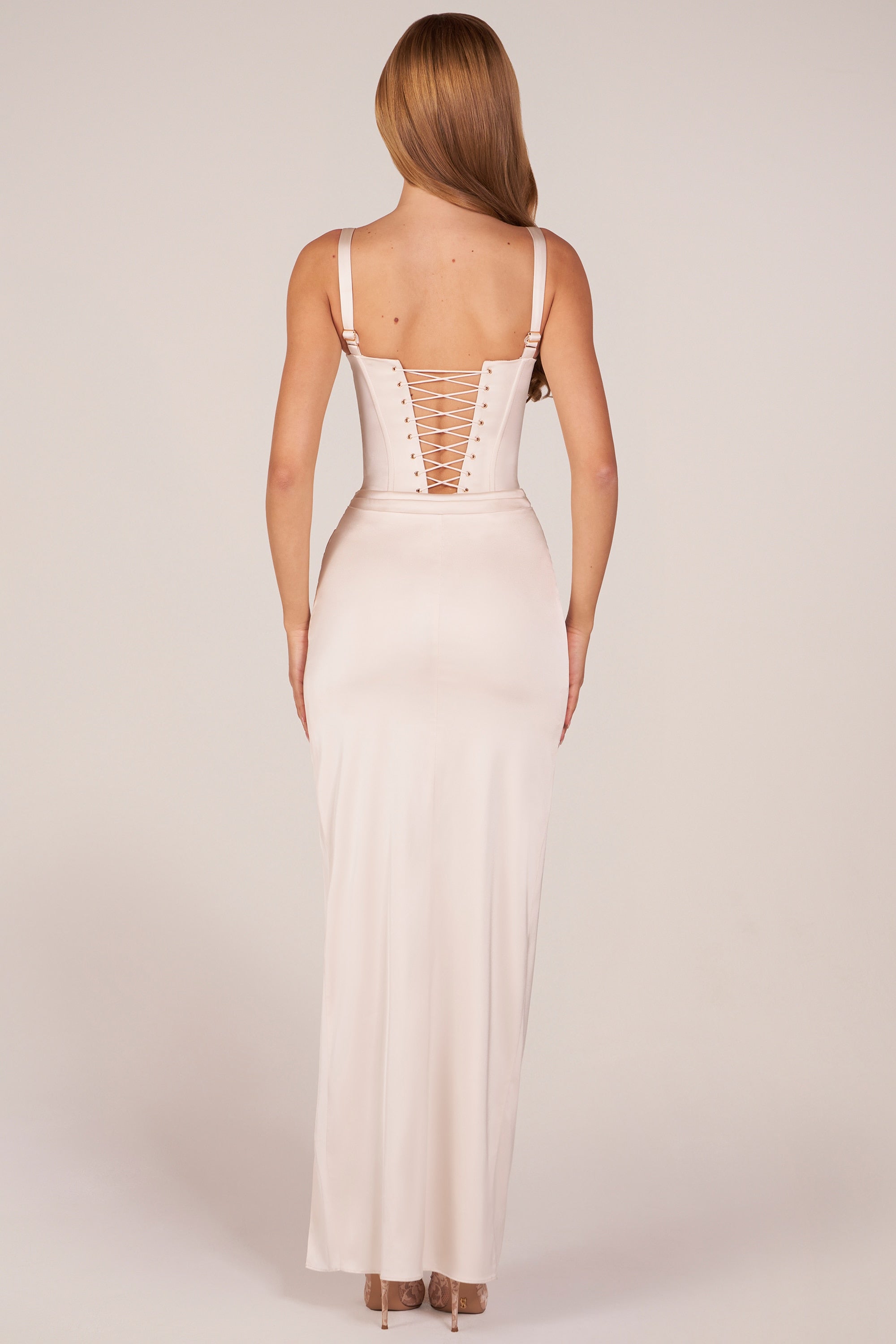 Corseted Thigh-High Split Maxi Dress in Ivory