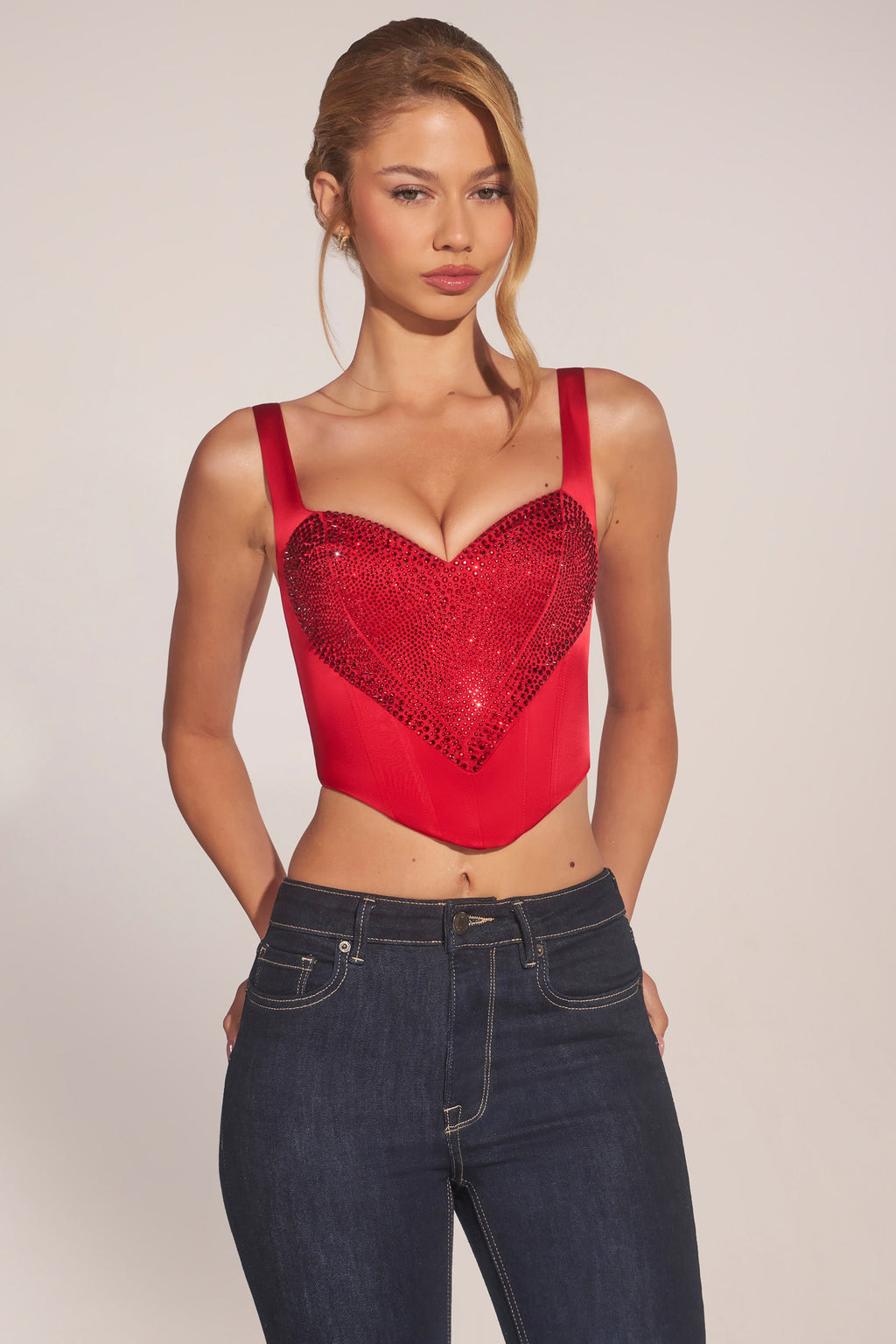 Sweetheart-Neck Lace-Up Corset Top in Rose Red