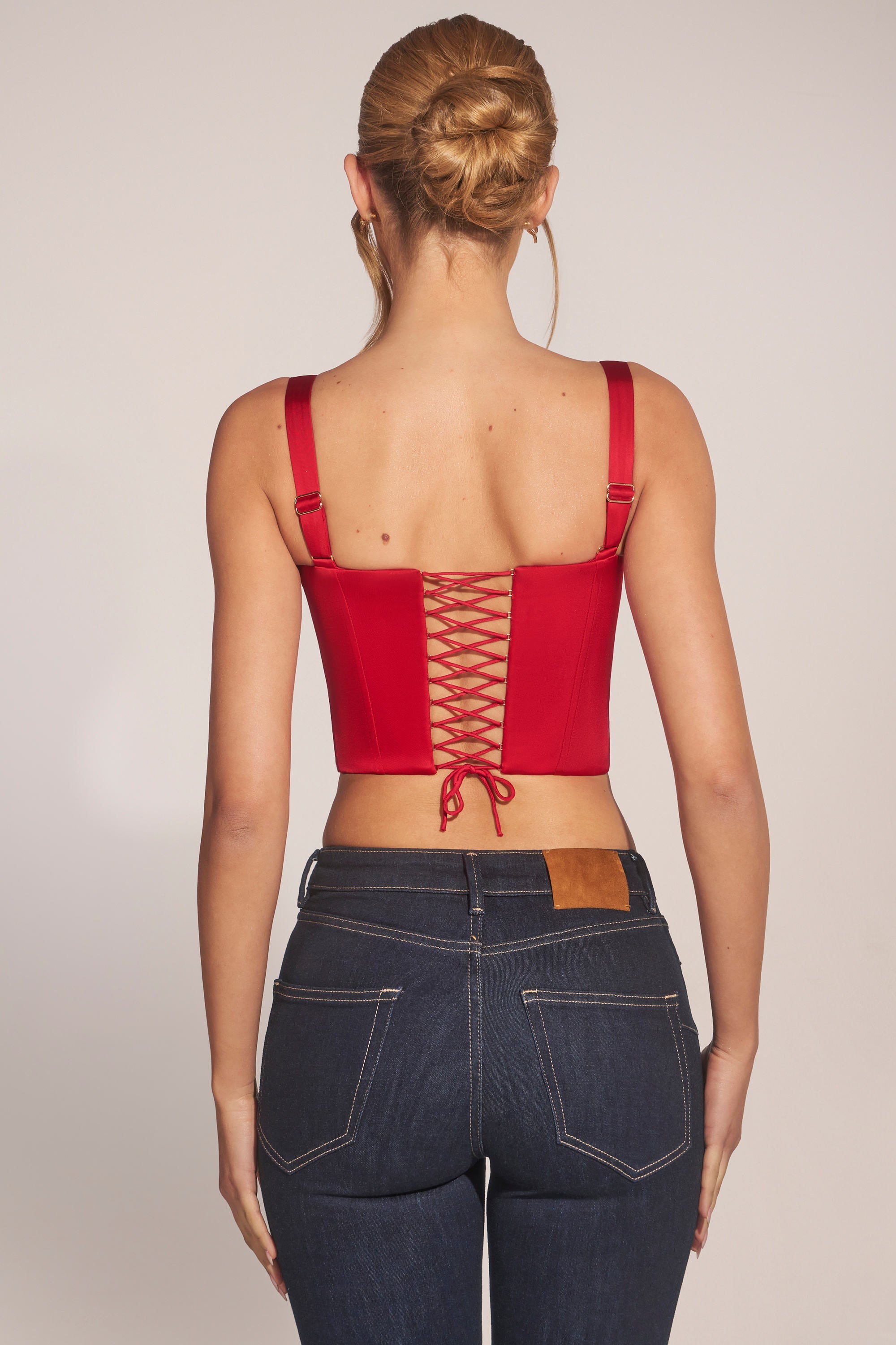 Sweetheart-Neck Lace-Up Corset Top in Rose Red