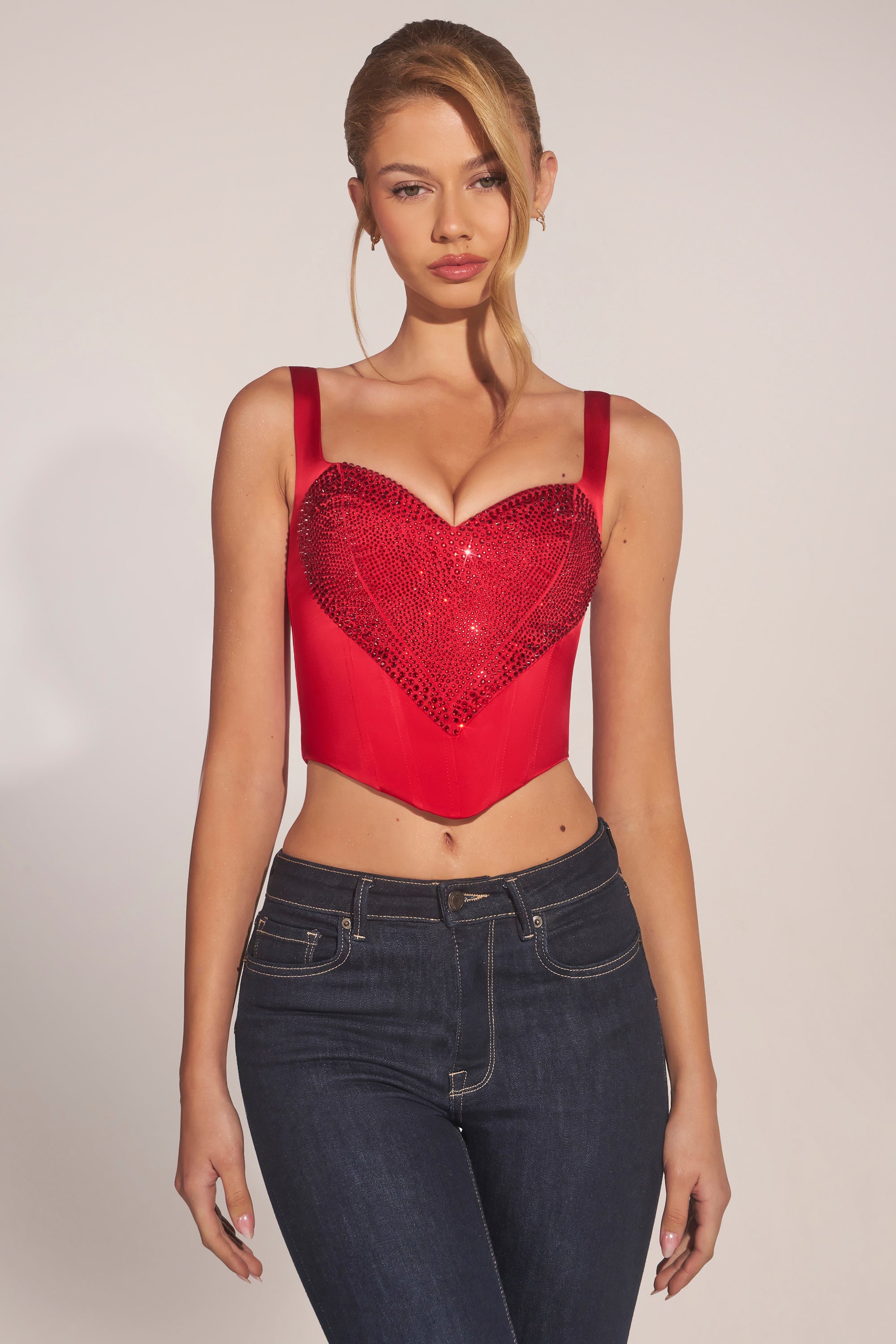 Sweetheart-Neck Lace-Up Corset Top in Rose Red
