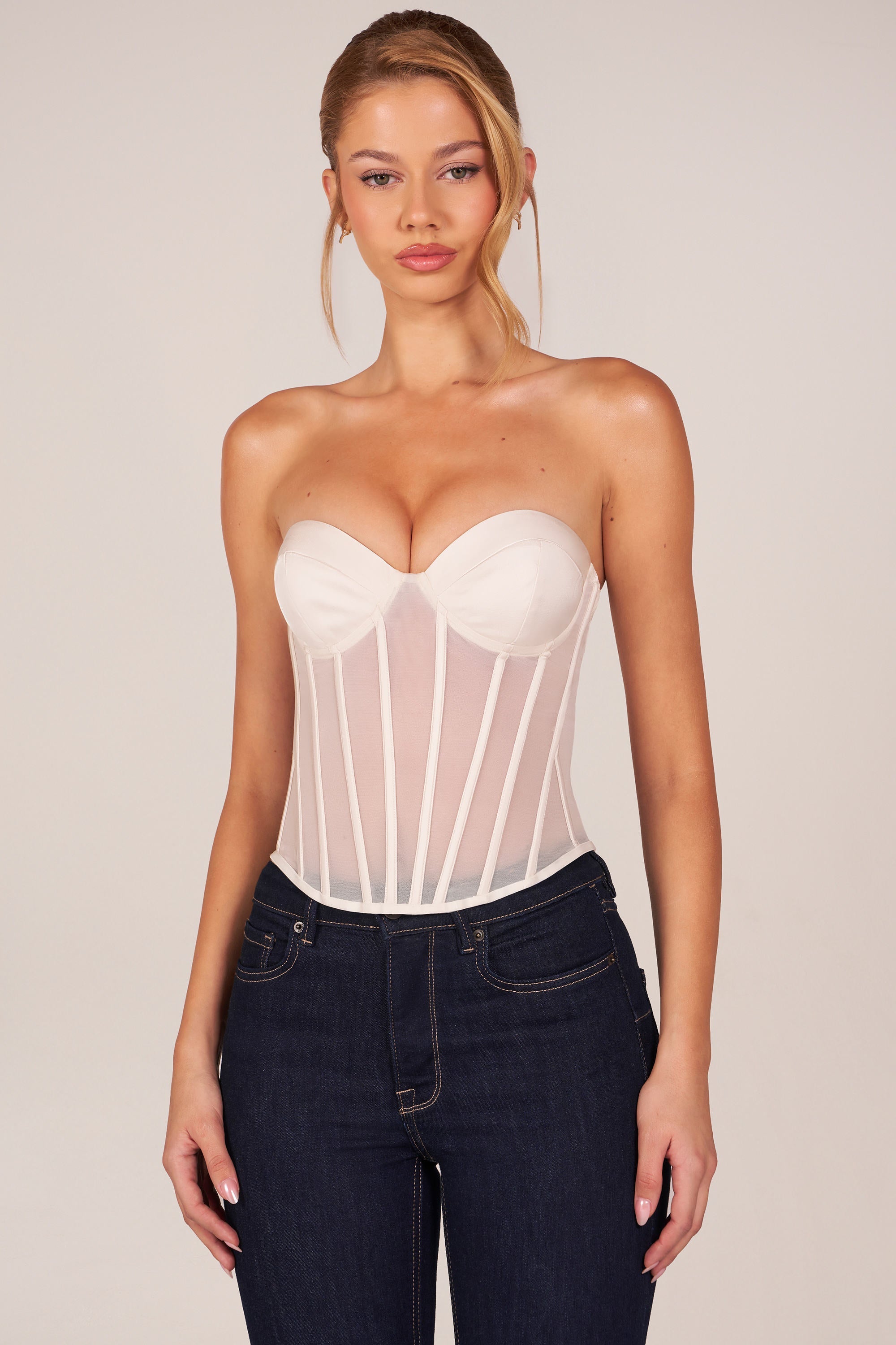 Bandeau Lace-Up Corset Top  in Ivory