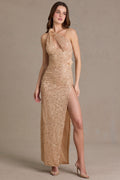 Premium Embellished Asymmetric One-Shoulder Maxi Dress in Beige Gold
