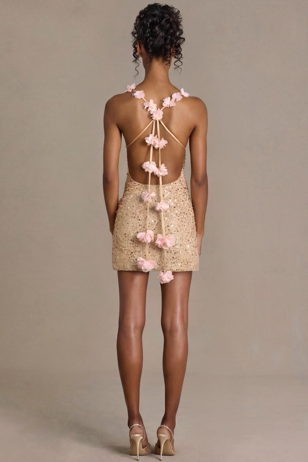 Premium Embellished Open-Back Mini Dress in Gold