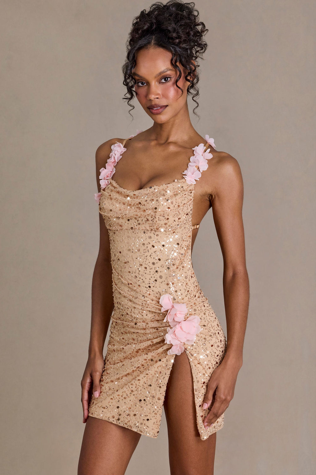 Premium Embellished Open-Back Mini Dress in Gold