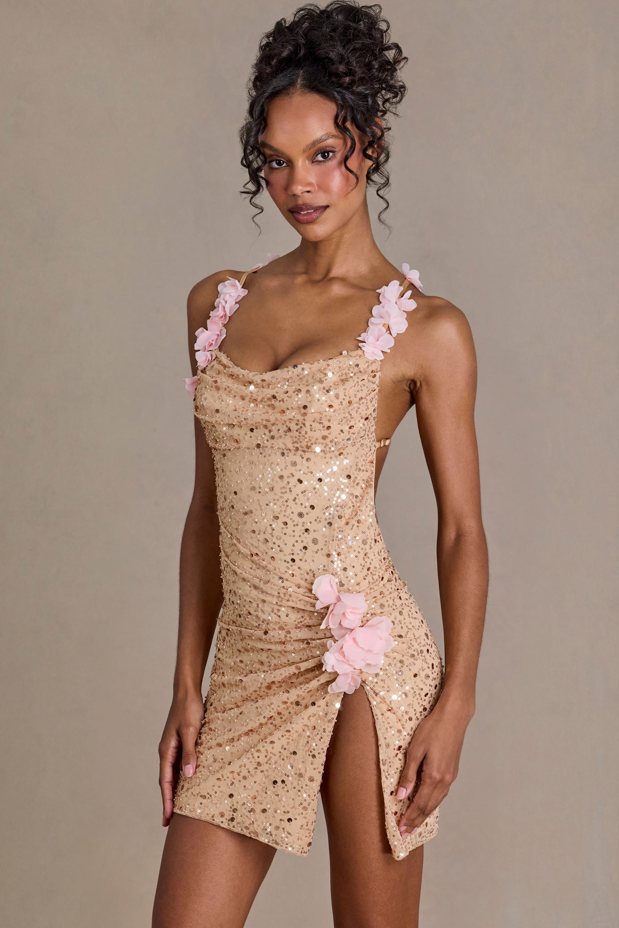 Premium Embellished Open-Back Mini Dress in Gold