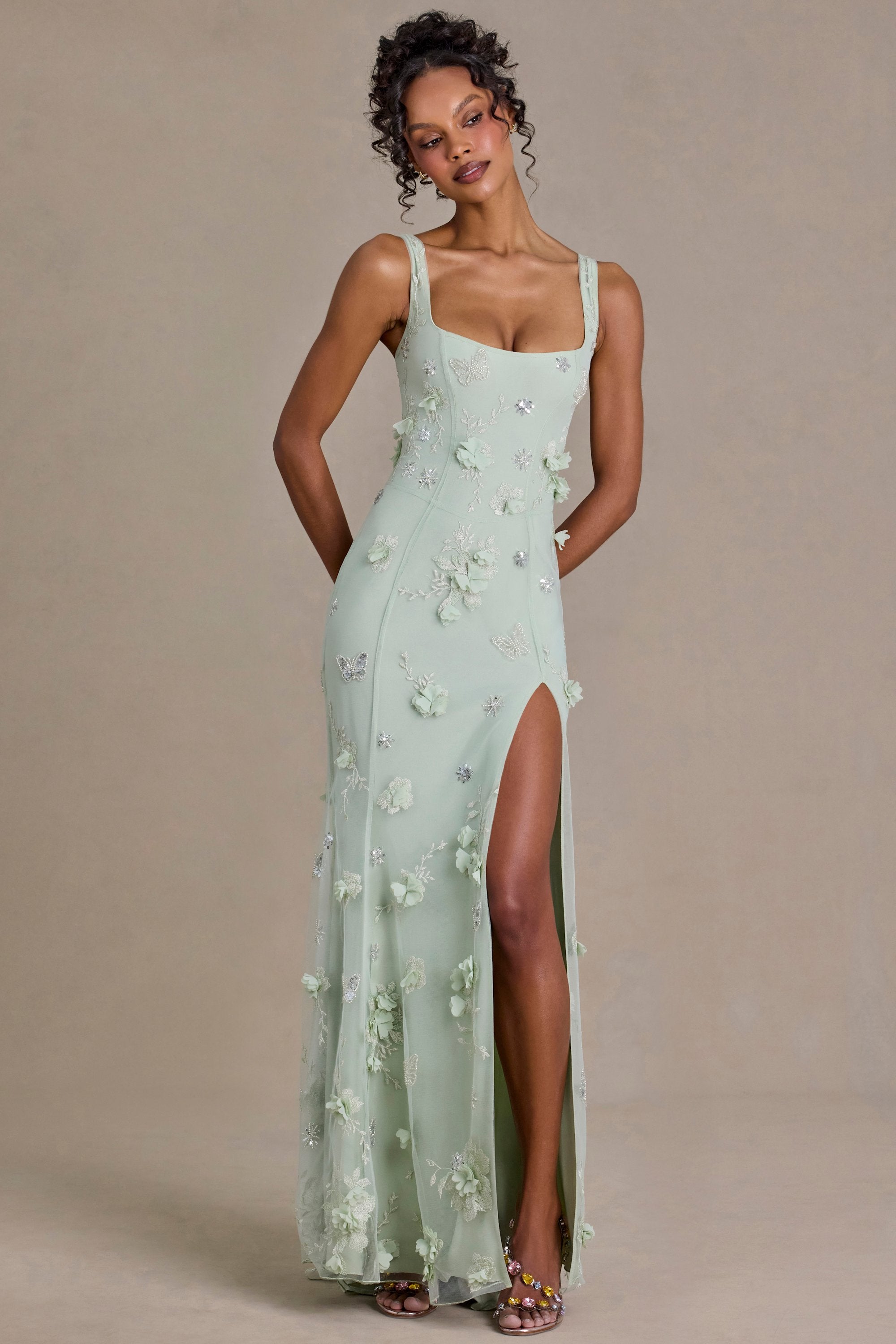 Premium Embellished Corset Gown in Sage Green