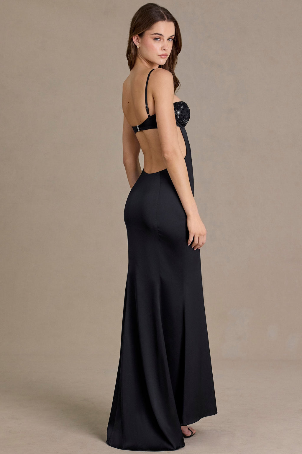 Premium Satin Embellished Bralette Gown in Black