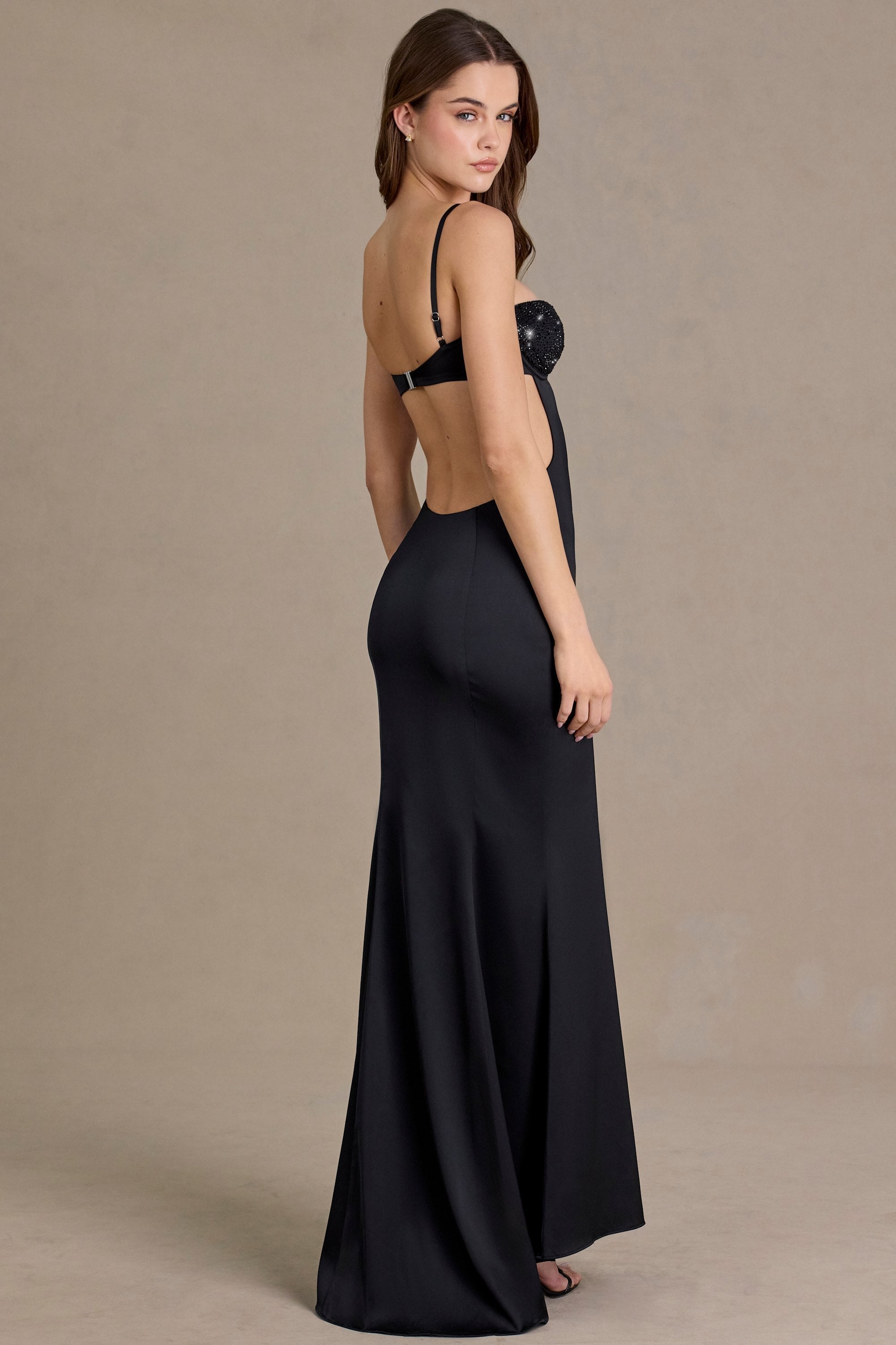 Premium Satin Embellished Bralette Gown in Black