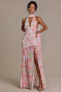 Premium Embellished Scarf-Detail Maxi Dress in Pink Floral Print