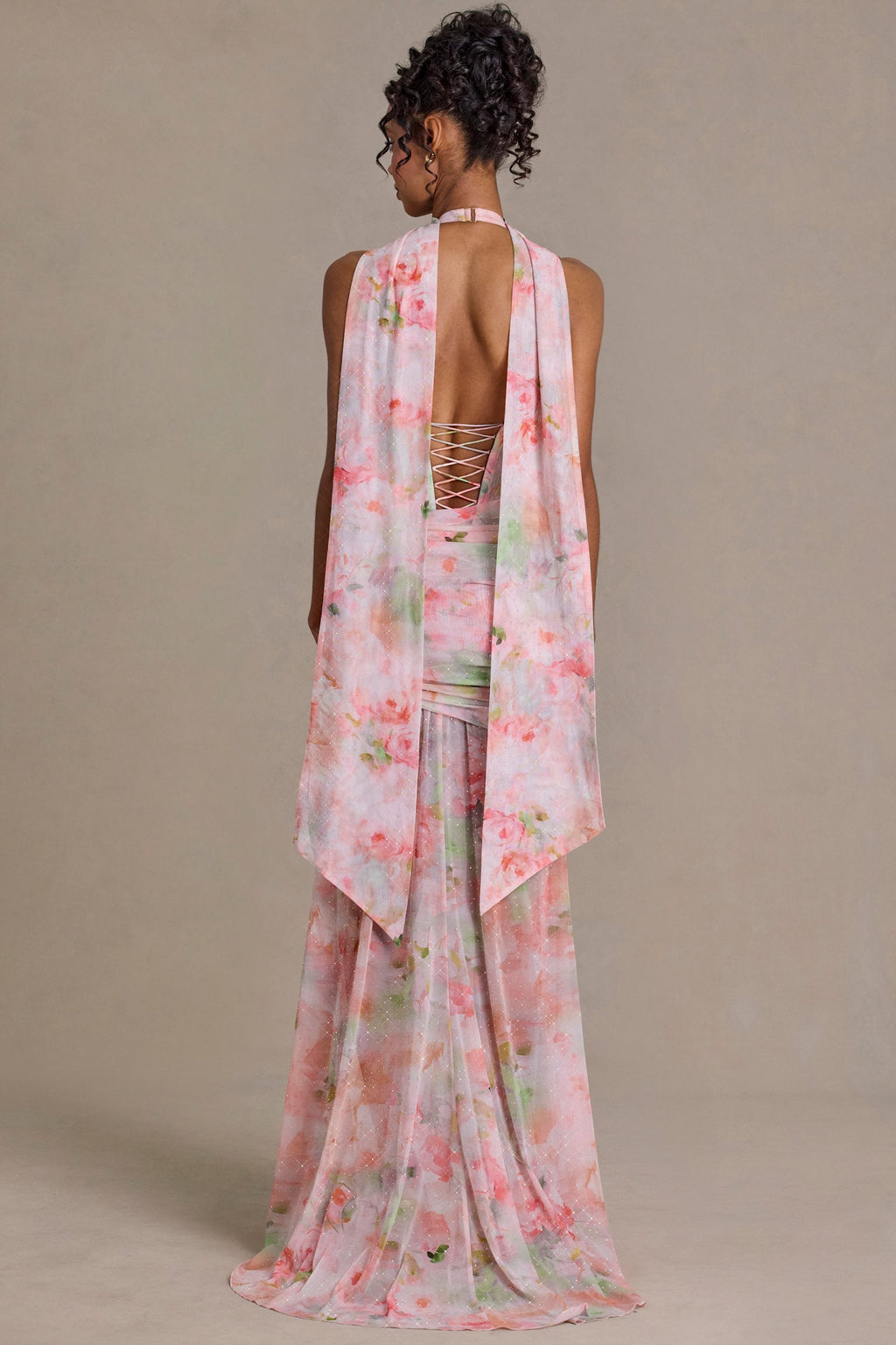 Premium Embellished Scarf-Detail Maxi Dress in Pink Floral Print